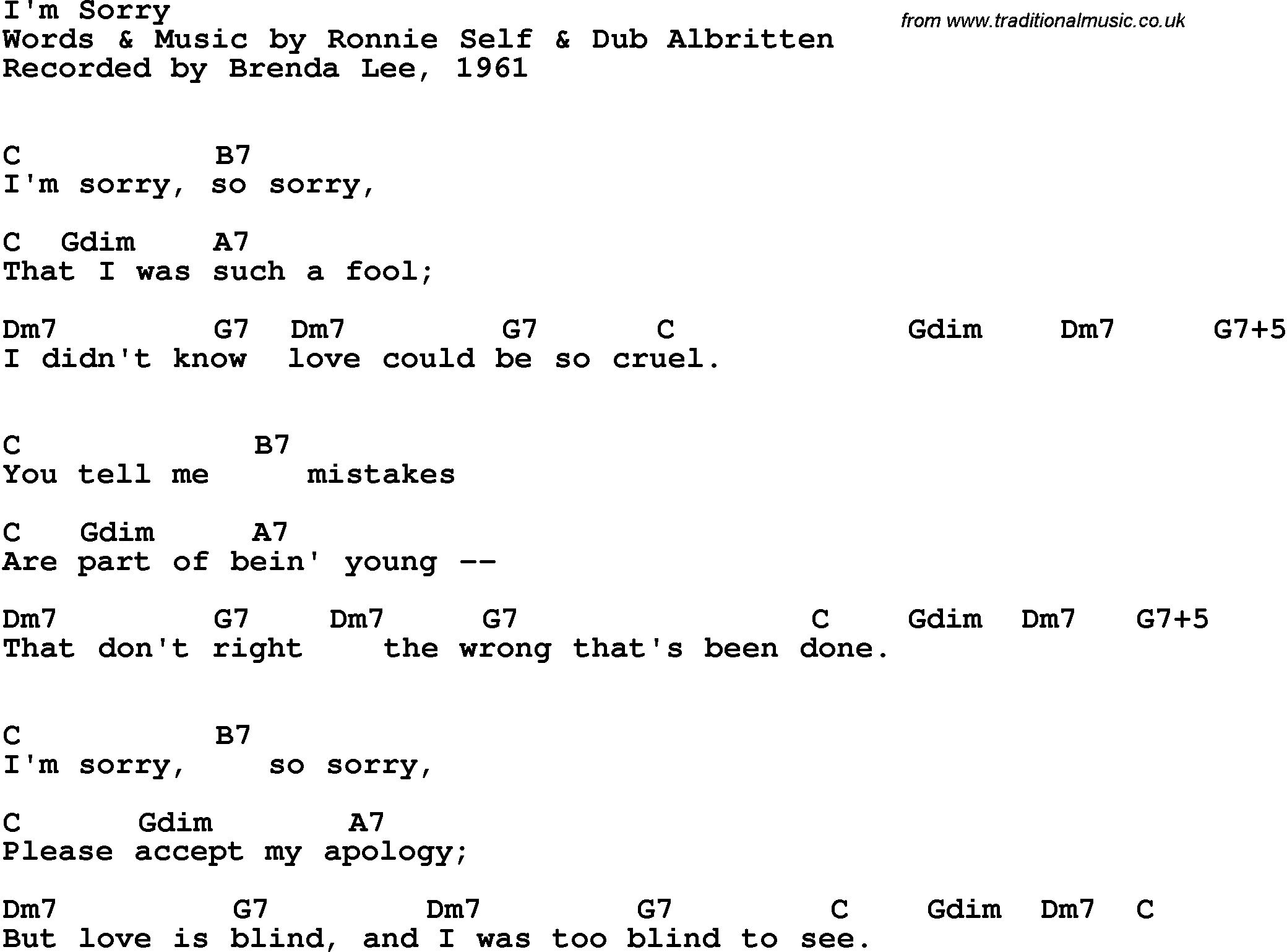 Song Lyrics with guitar chords for I'm Sorry - Brenda Lee, 1960