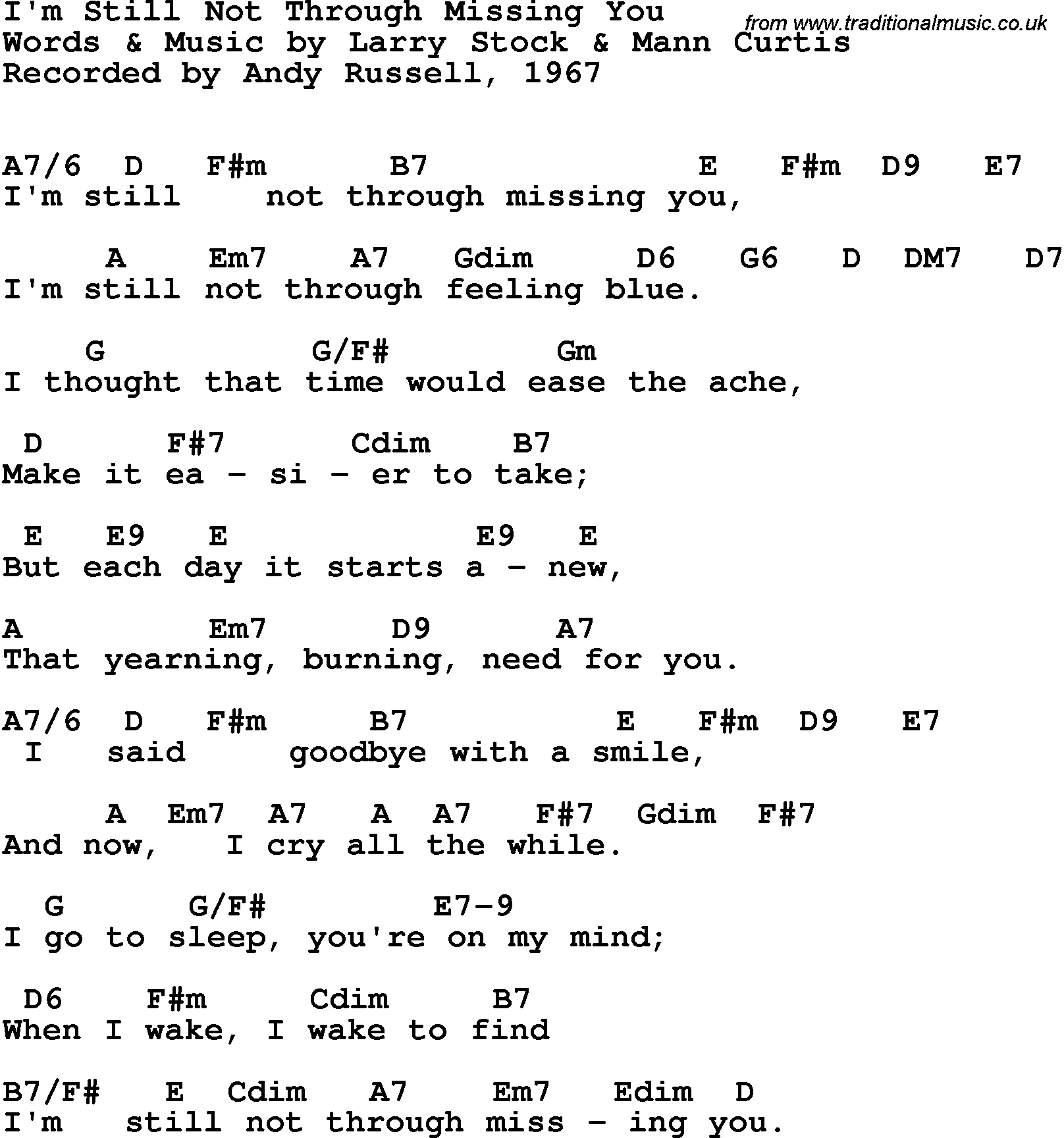 Song Lyrics with guitar chords for I'm Still Not Through Missing You - Andy Russell, 1967