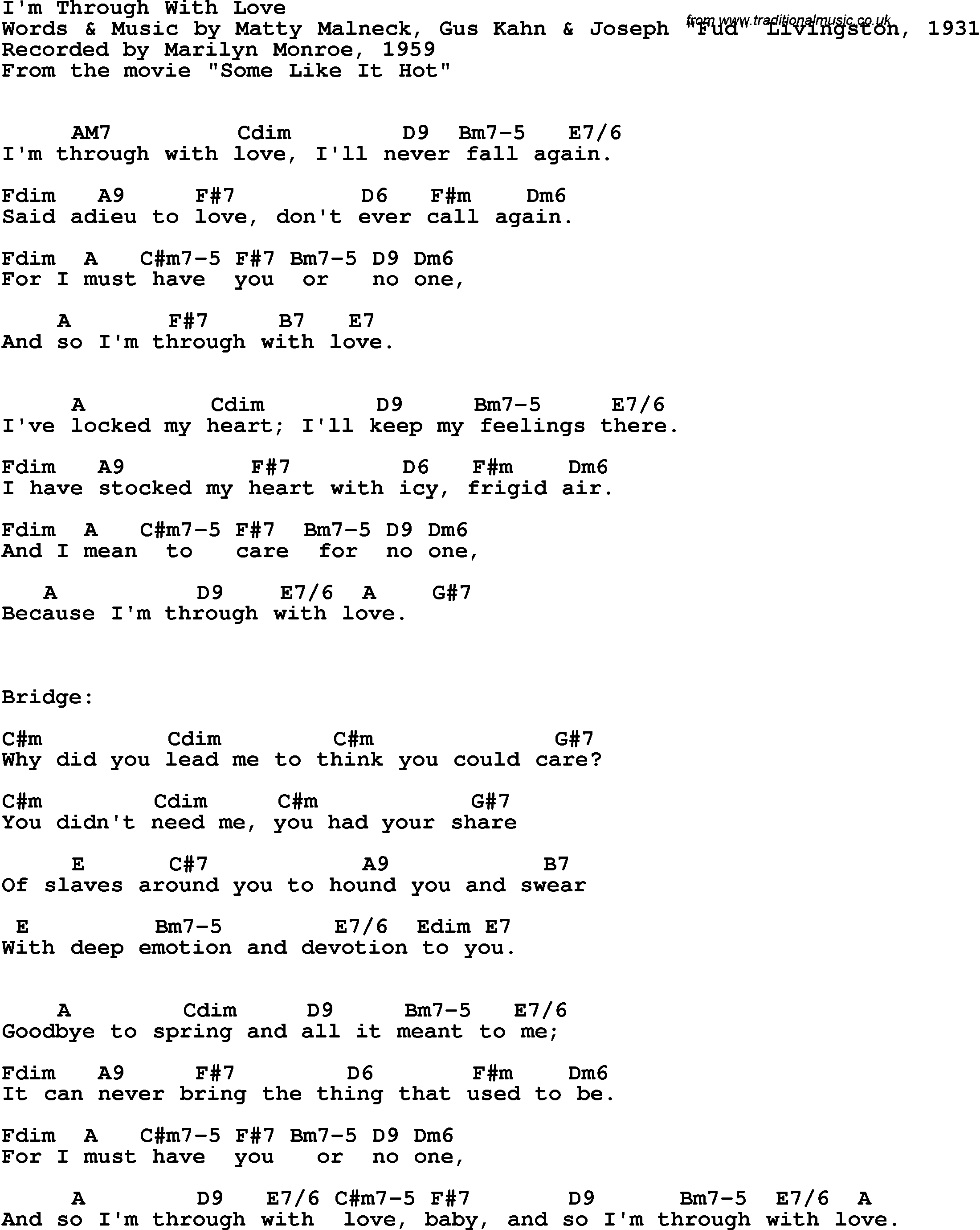 Song Lyrics with guitar chords for I'm Through With Love - Marilyn Monroe, 1959