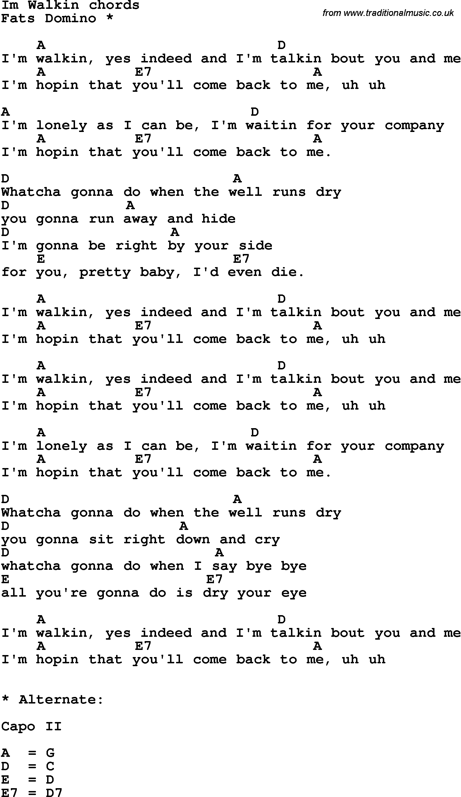 Song Lyrics with guitar chords for I'm Walkin