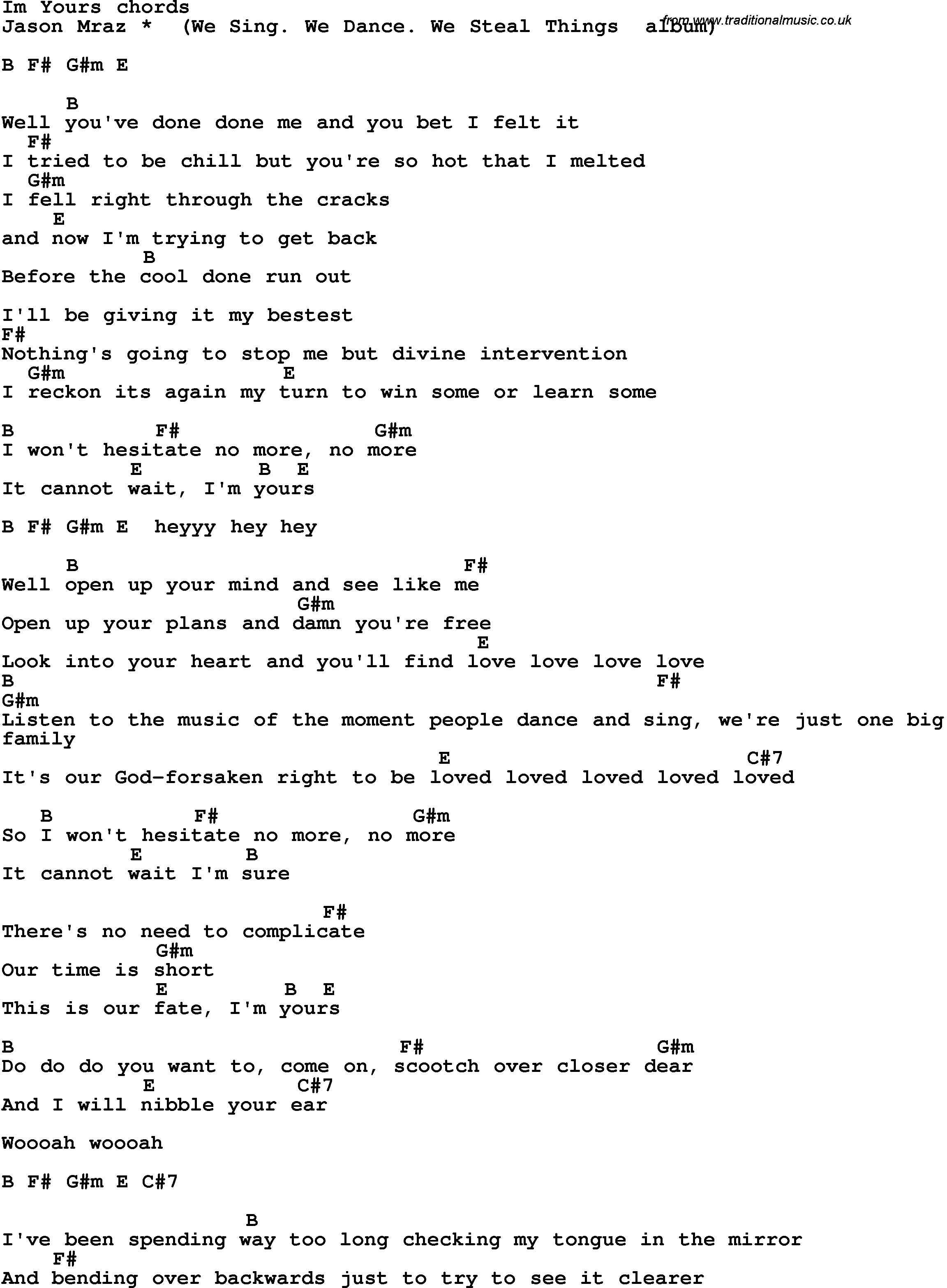 Song Lyrics with guitar chords for I'm Yours