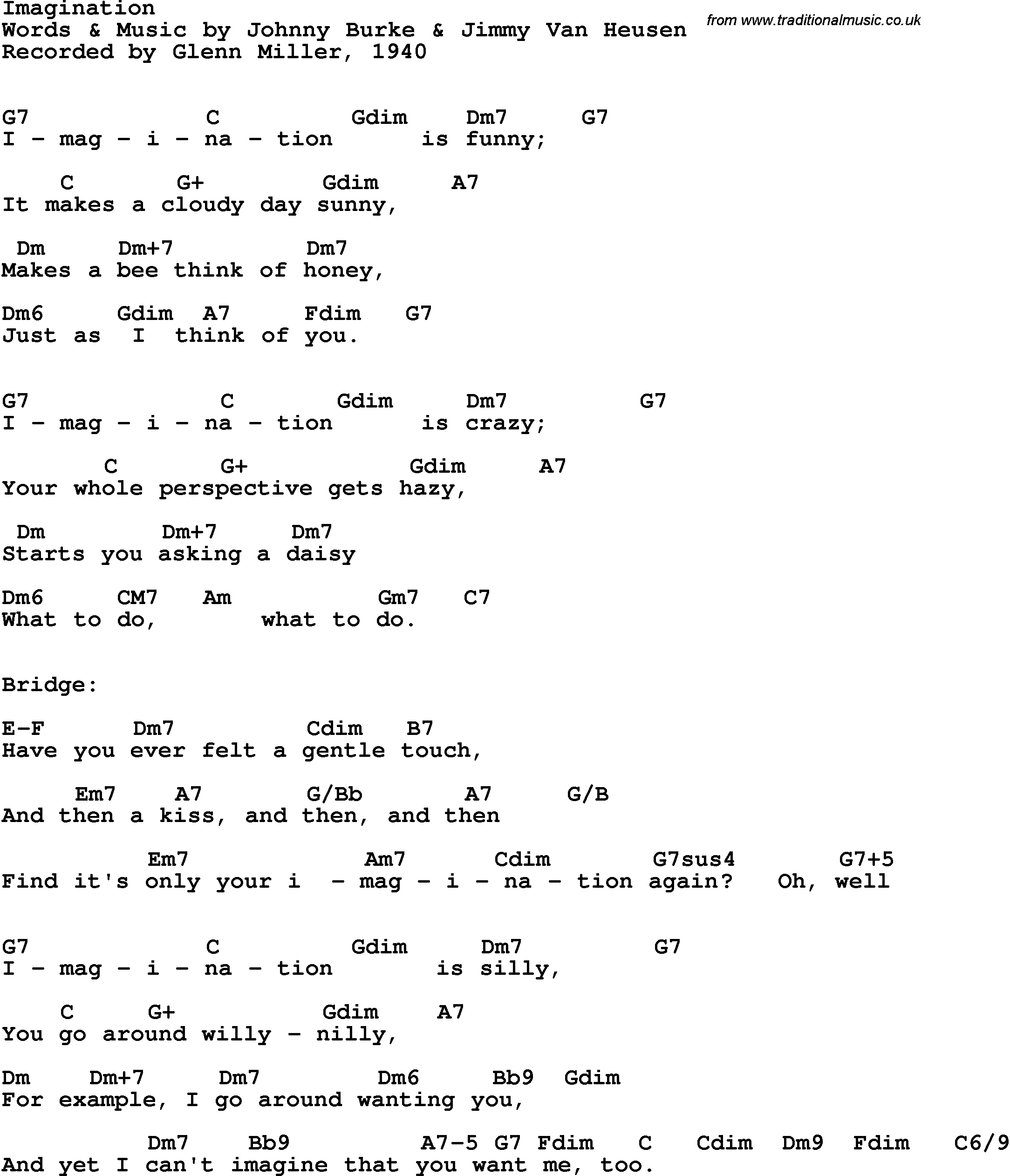 Song Lyrics with guitar chords for Imagination - Glenn Miller, 1940