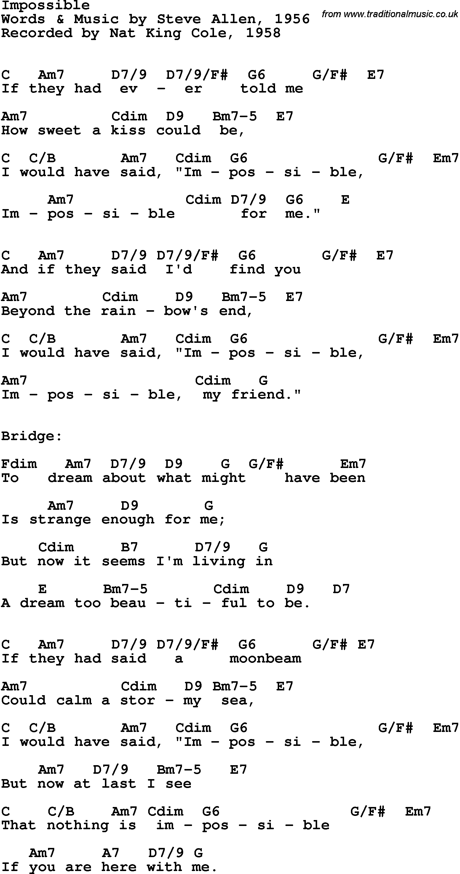 Song Lyrics with guitar chords for Impossible - Nat King Cole, 1958