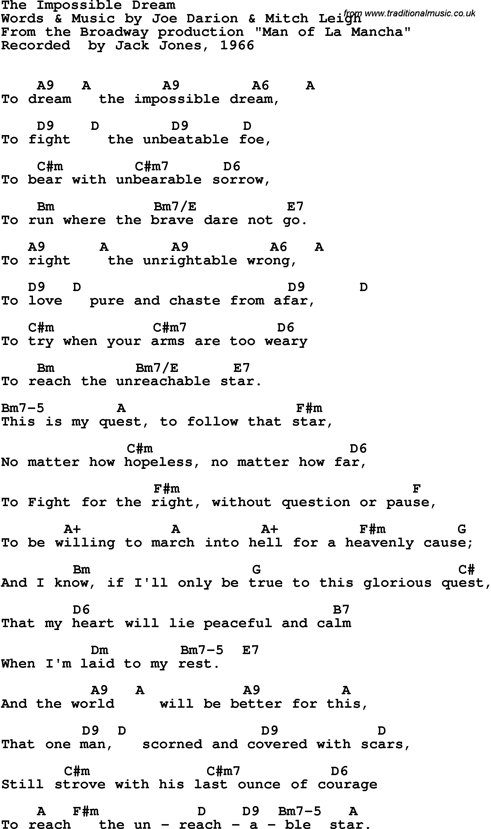 Song Lyrics with guitar chords for Impossible Dream - Jack Jones, 1966
