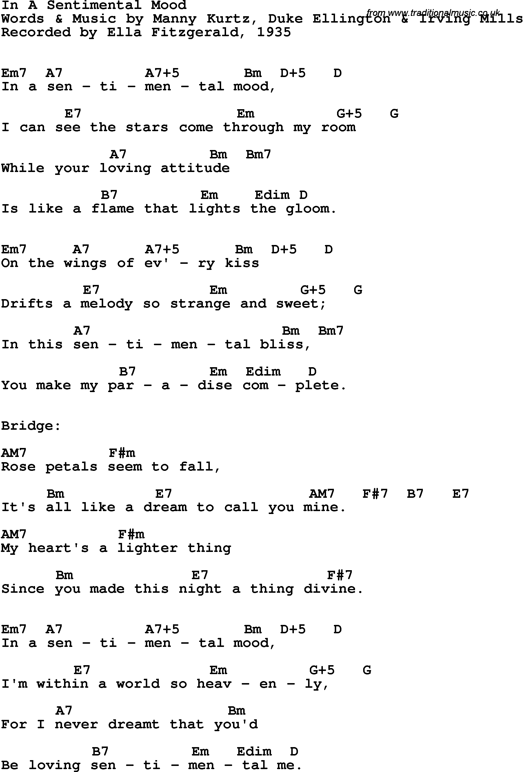 Song Lyrics with guitar chords for In A Sentimental Mood - Ella Fitzgerald, 1935
