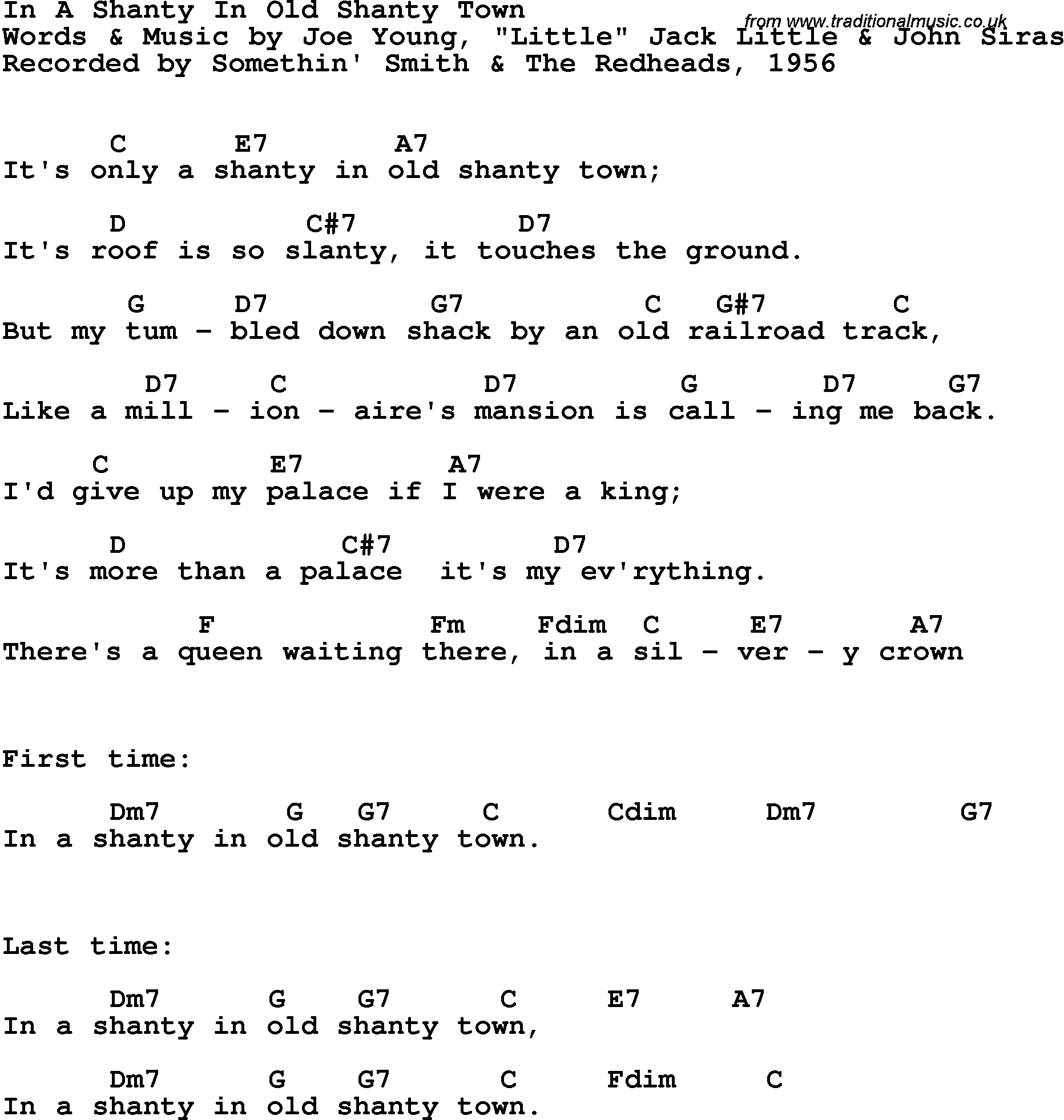 Song Lyrics with guitar chords for In A Shanty In Old Shanty Town - Somethin' Smith, 1956