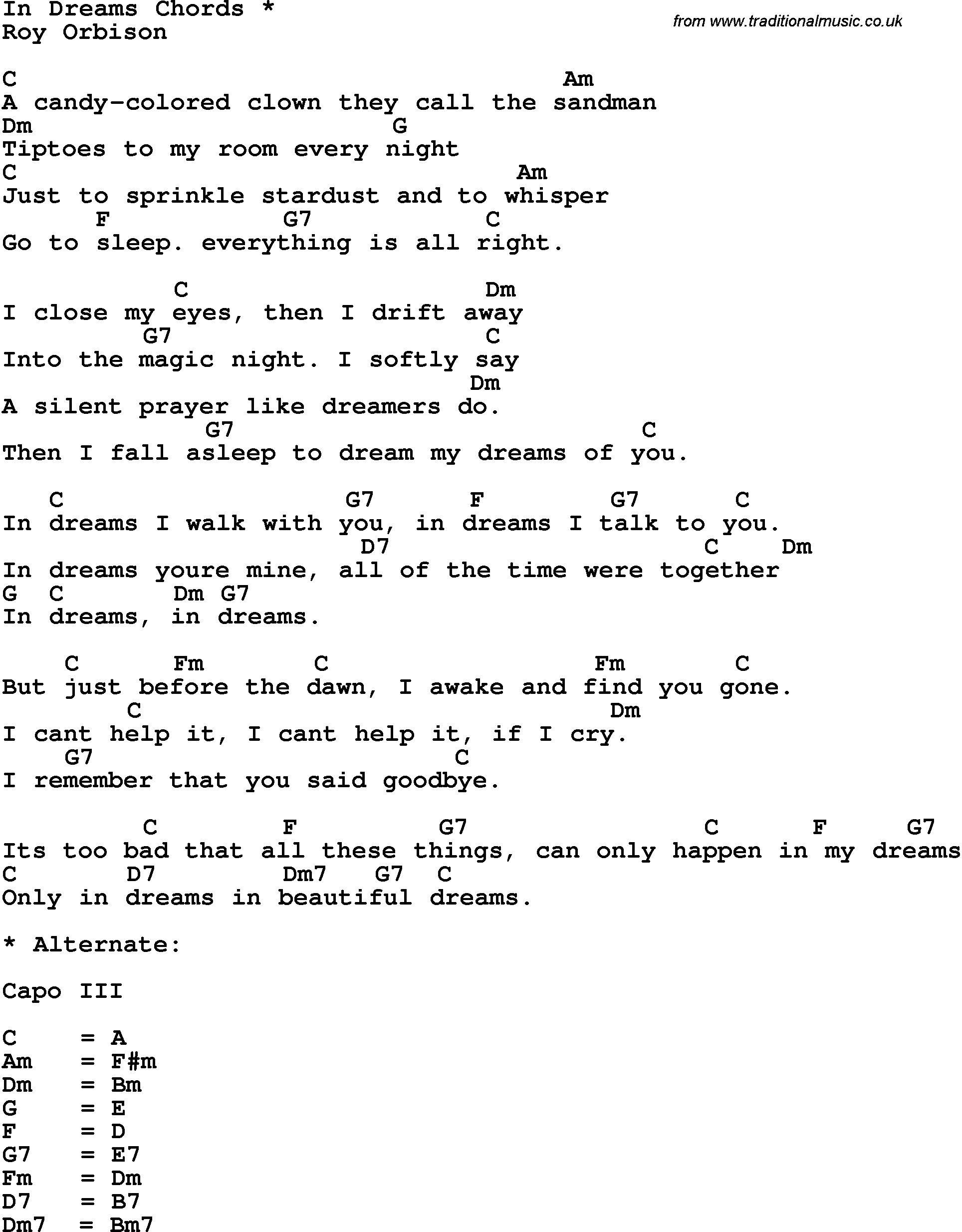 Song Lyrics with guitar chords for In Dreams