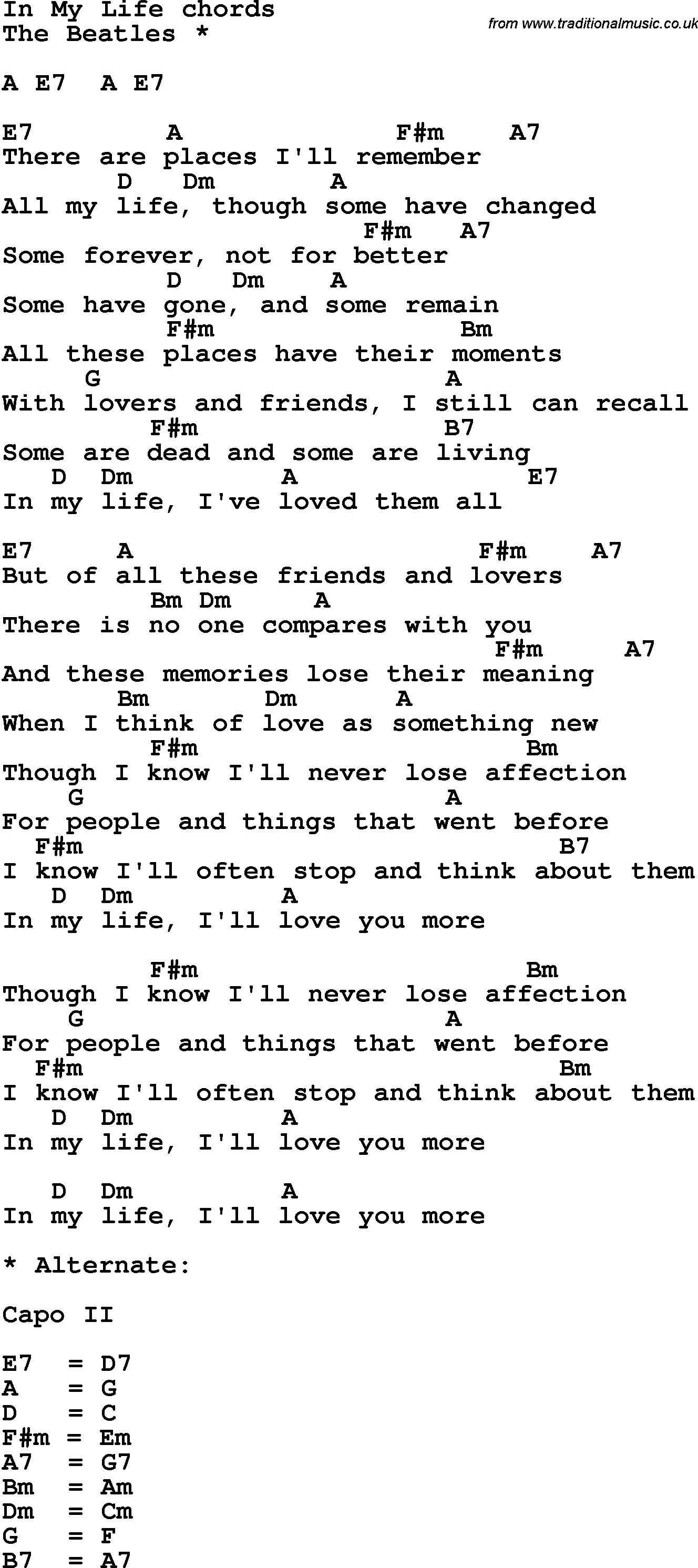Song Lyrics with guitar chords for In My Life - John Lennon