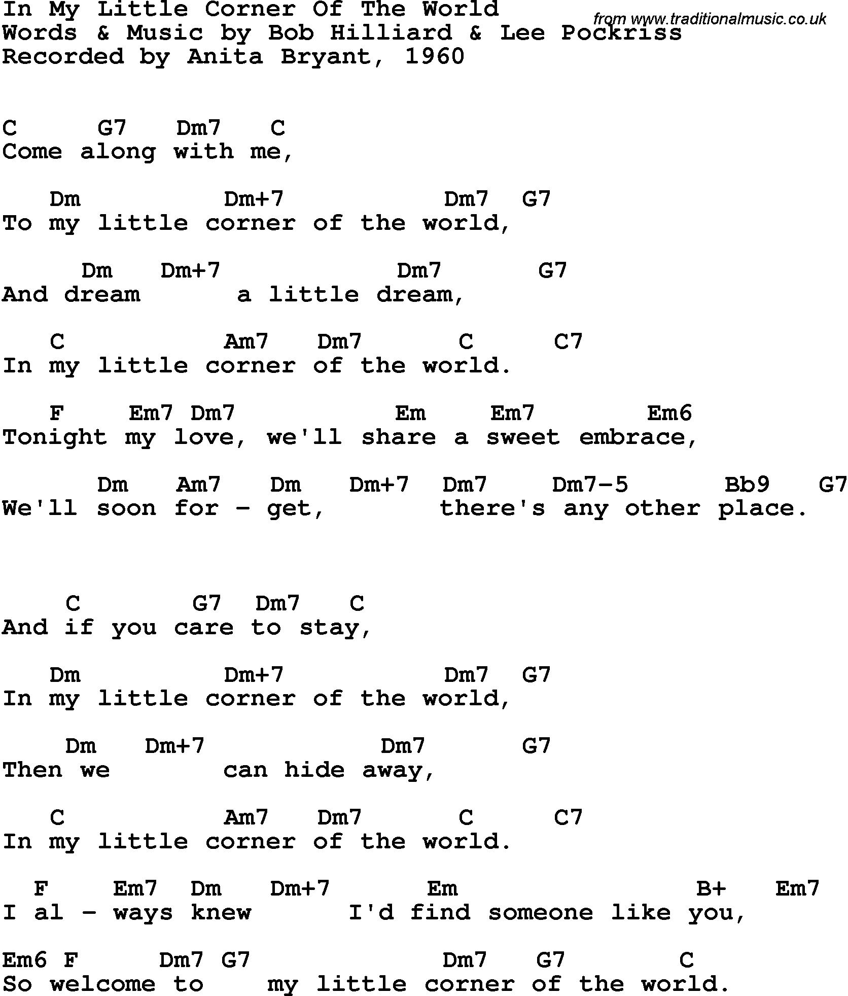 Song Lyrics with guitar chords for In My Little Corner Of The World - Anita Bryant, 1960