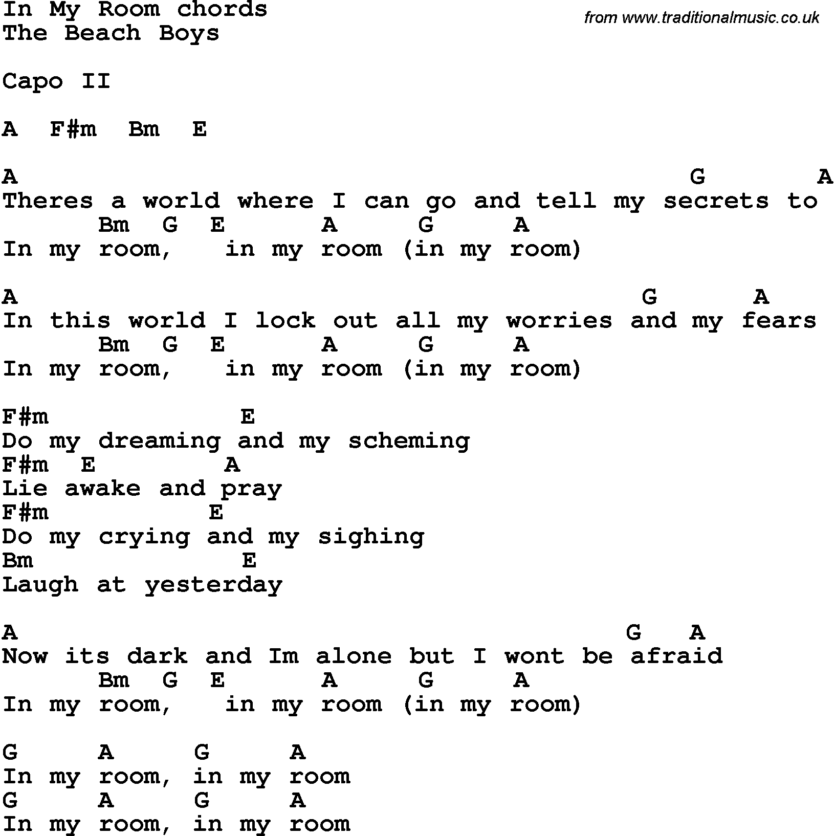 Song Lyrics with guitar chords for In My Room