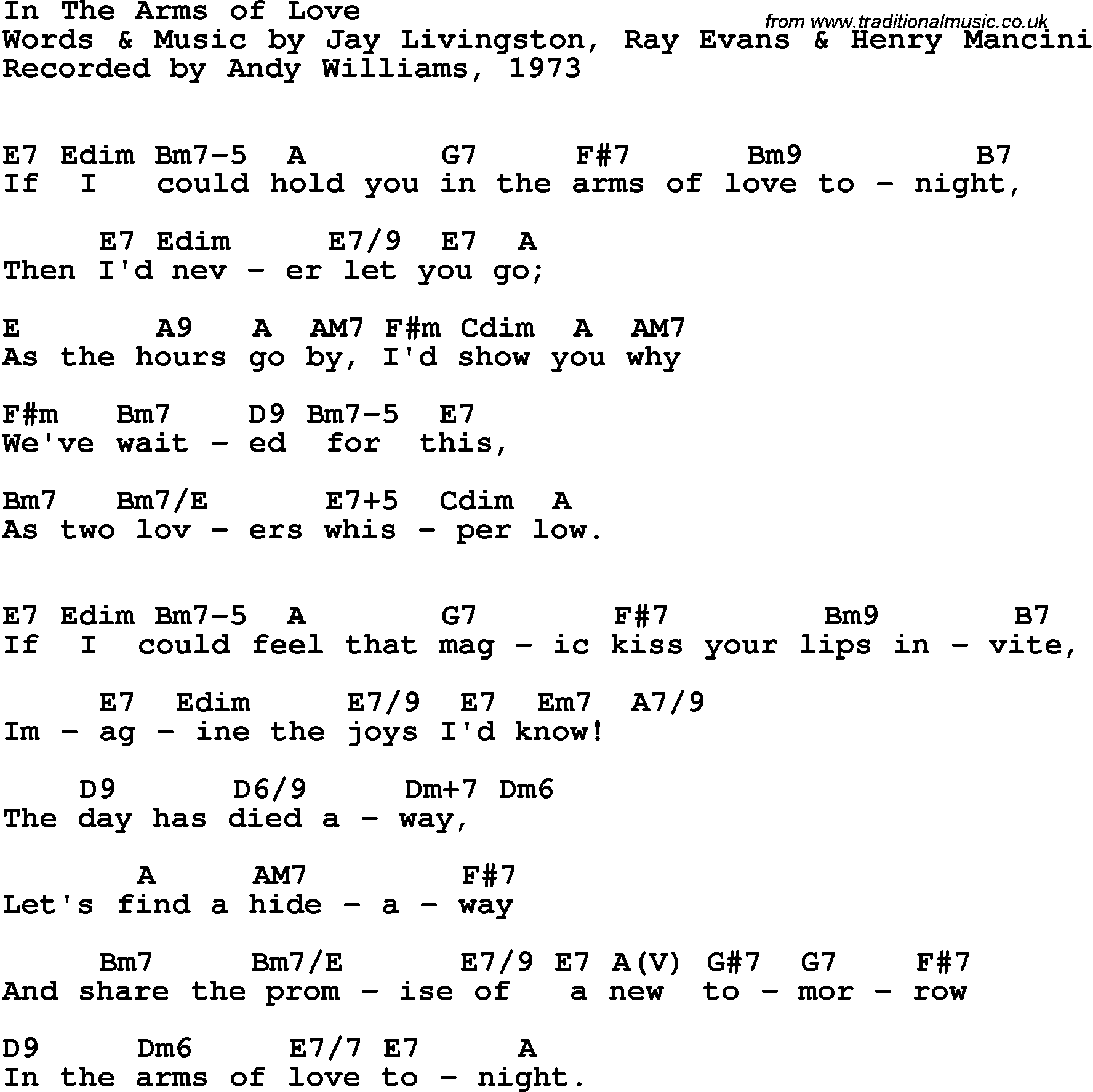 Song Lyrics with guitar chords for In The Arms Of Love - Andy Williams, 1973