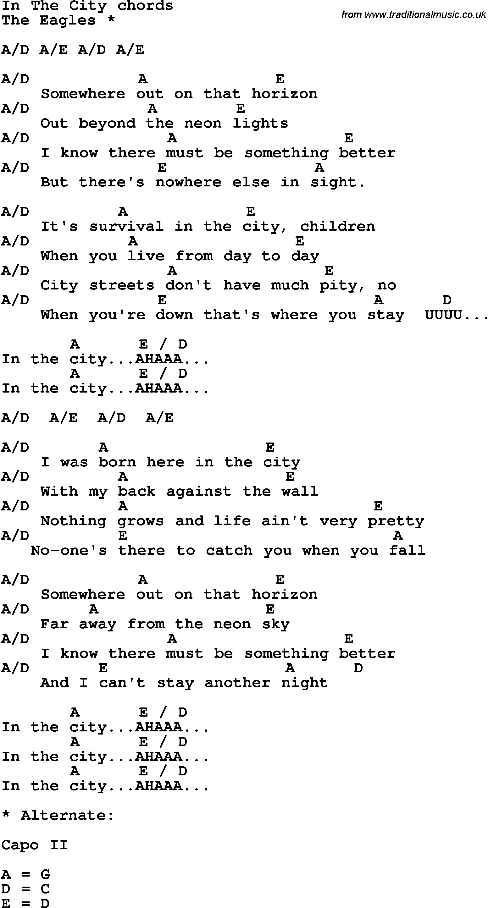 Song Lyrics with guitar chords for In The City