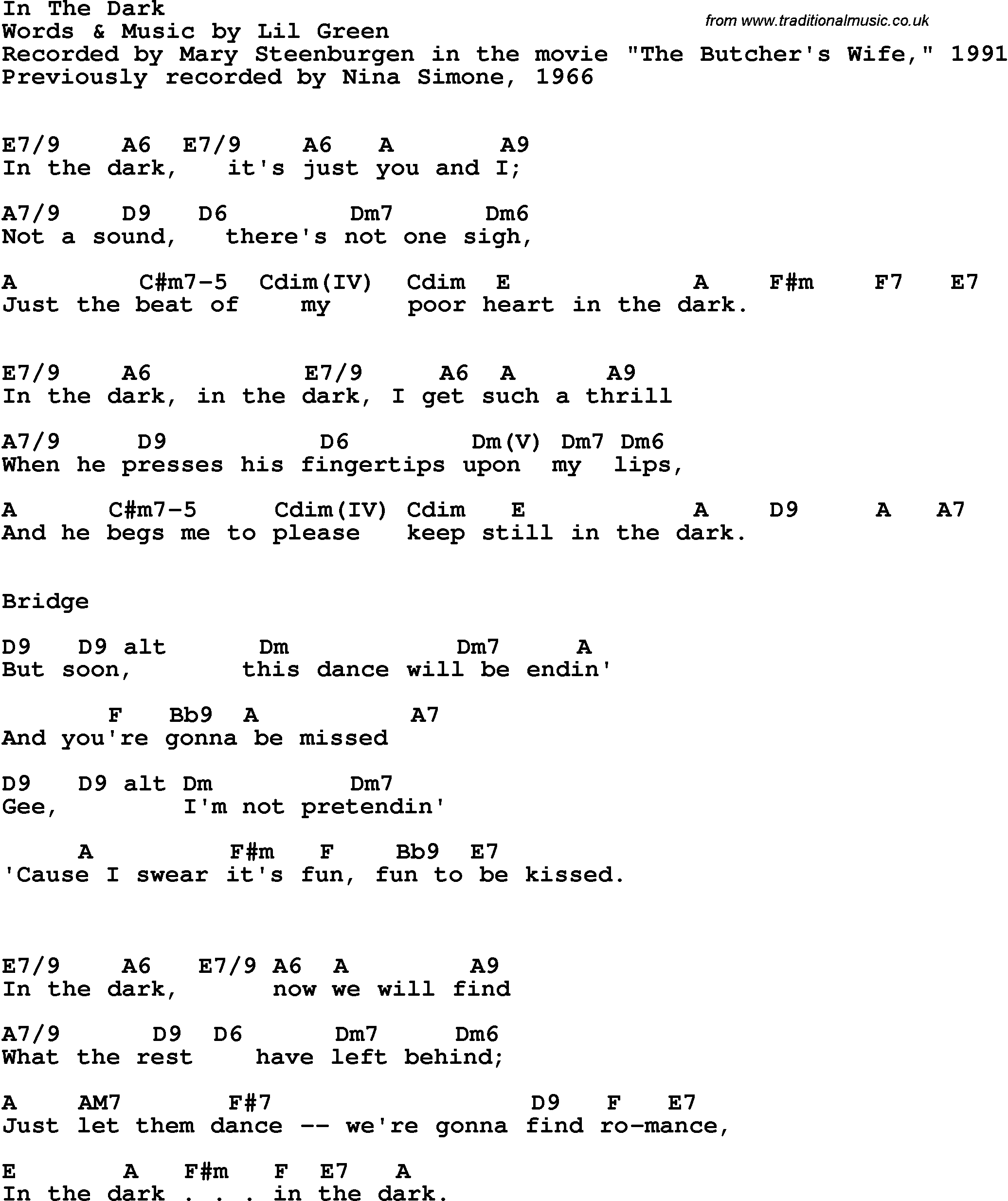 Song Lyrics with guitar chords for In The Dark - Nina Simone, 1966