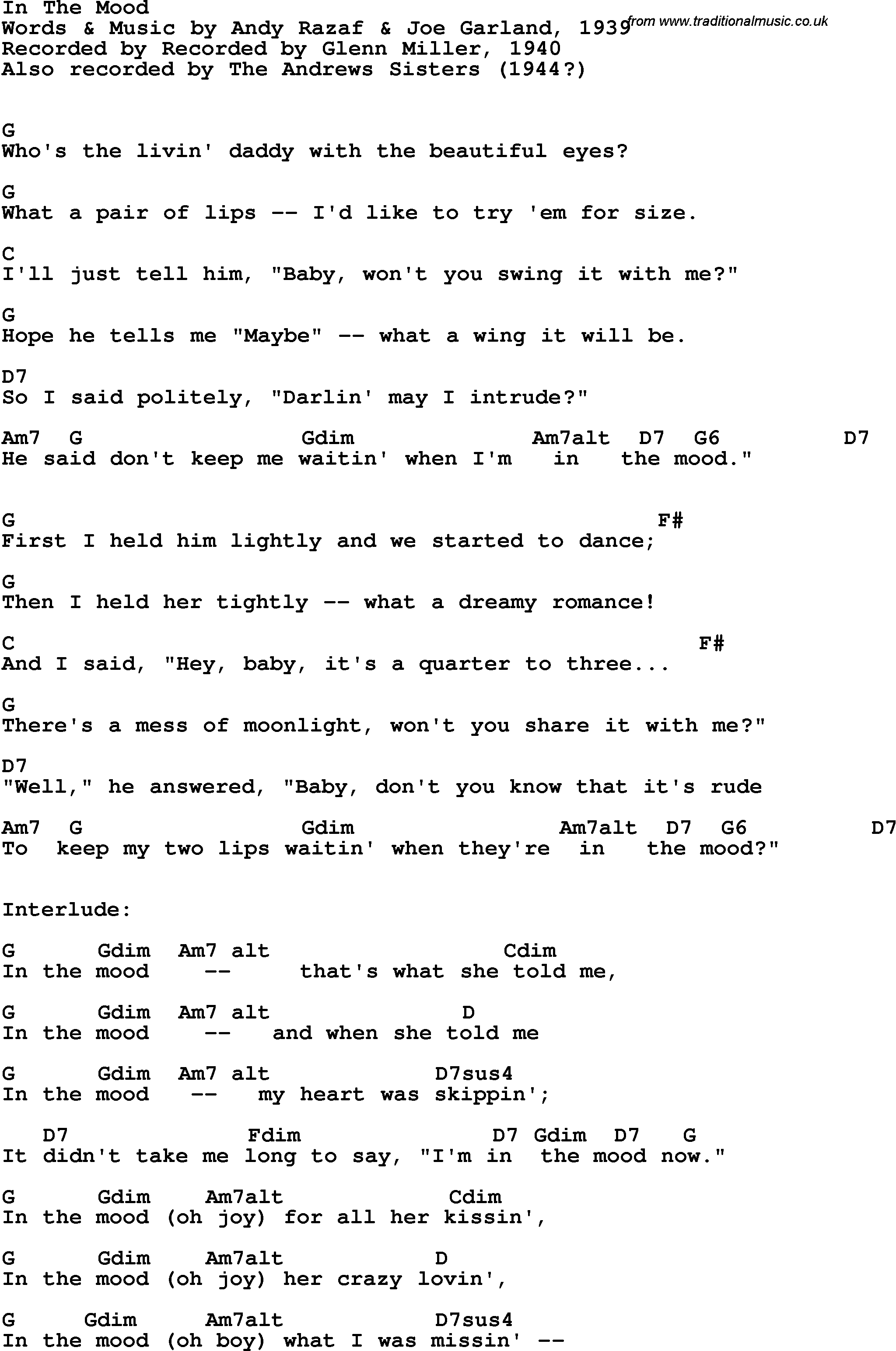 Song Lyrics with guitar chords for In The Mood - Glenn Miller, 1940