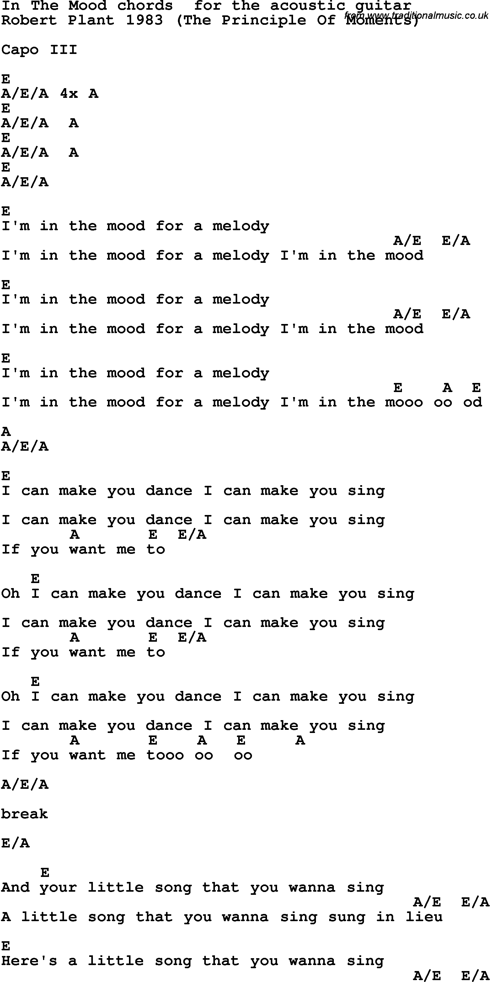 Song Lyrics with guitar chords for In The Mood
