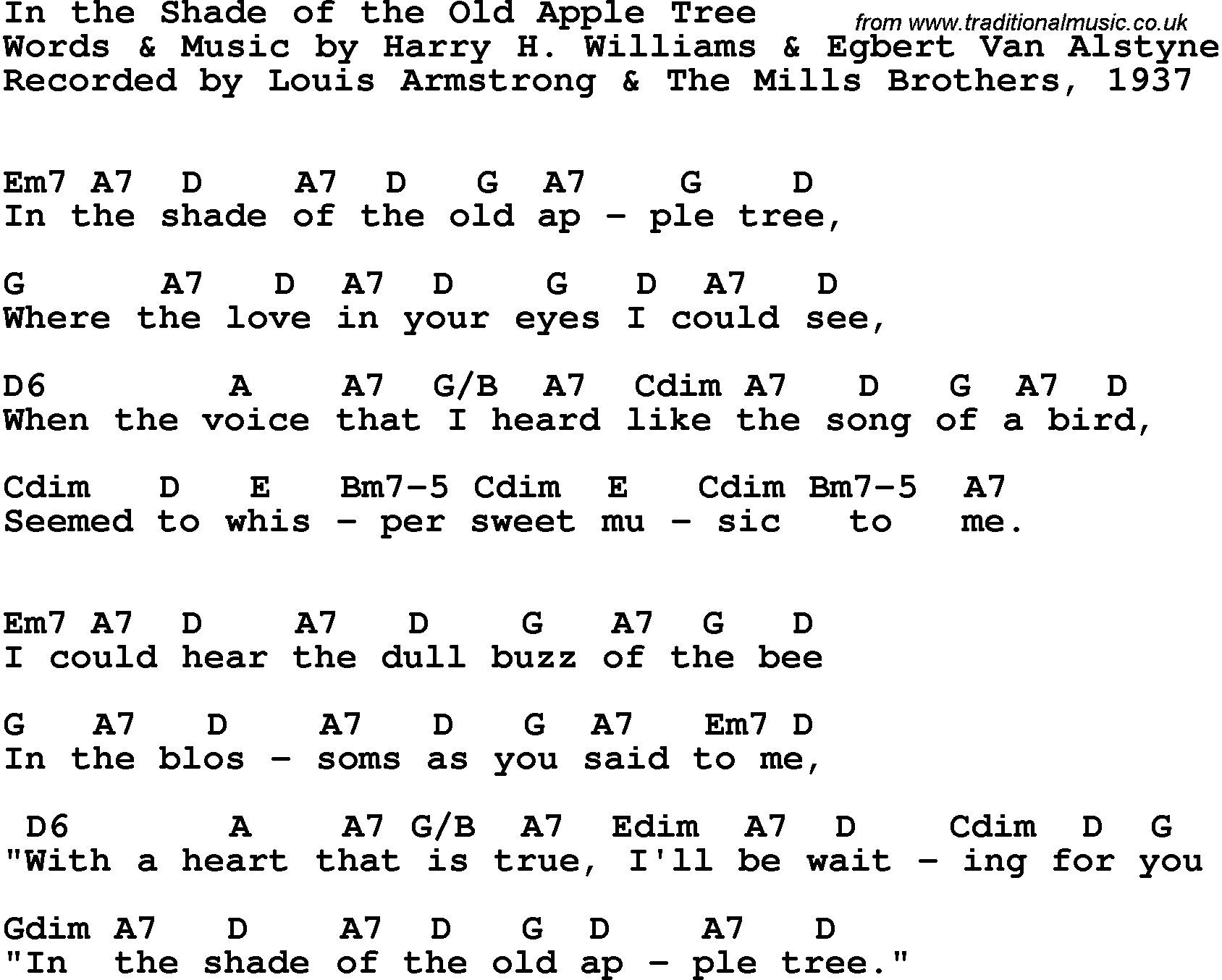 Song Lyrics with guitar chords for In The Shade Of The Old Apple Tree - The Mills Brothers & Louis Armstrong, 1937
