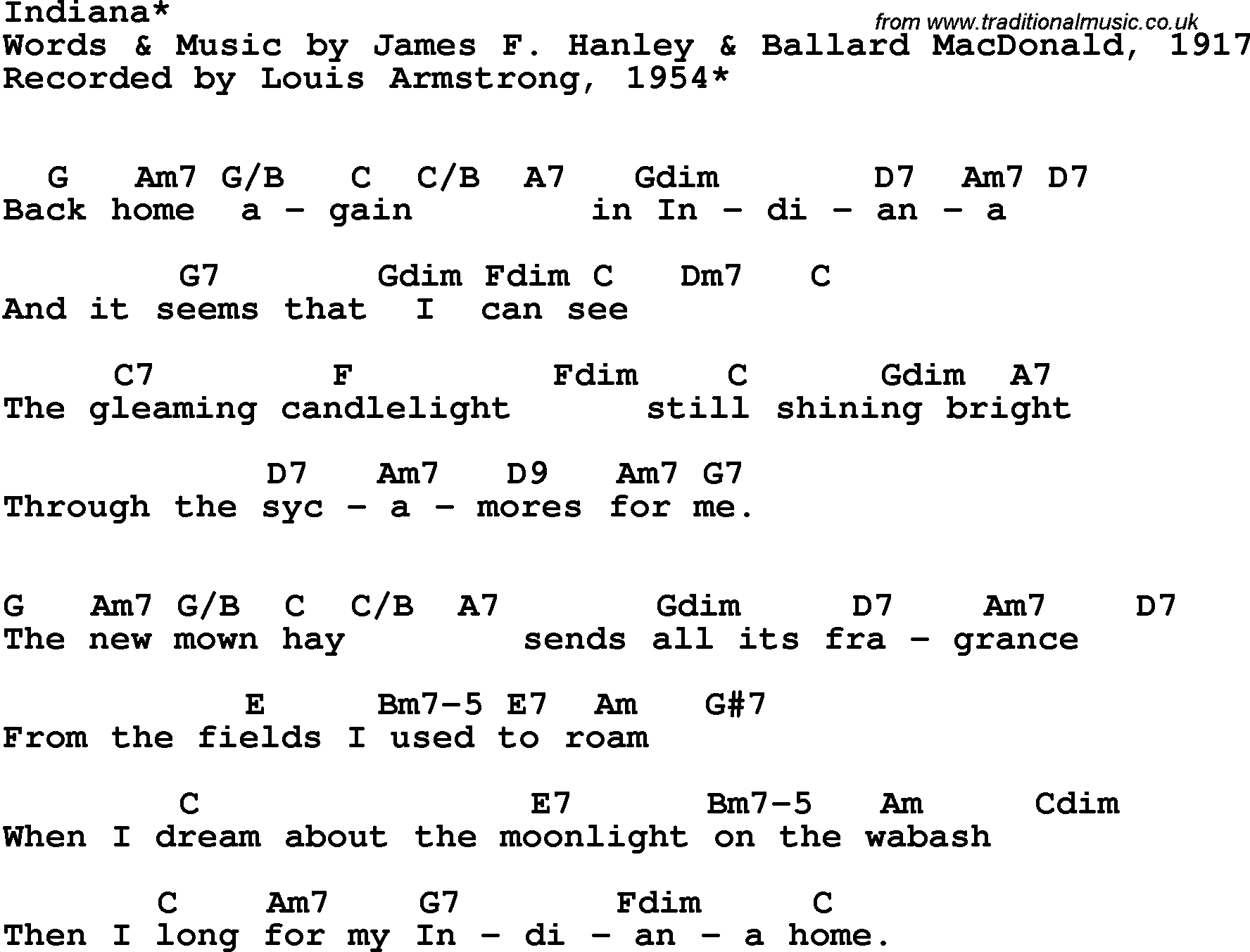 Song Lyrics with guitar chords for Indiana - Louis Armstrong, 1954