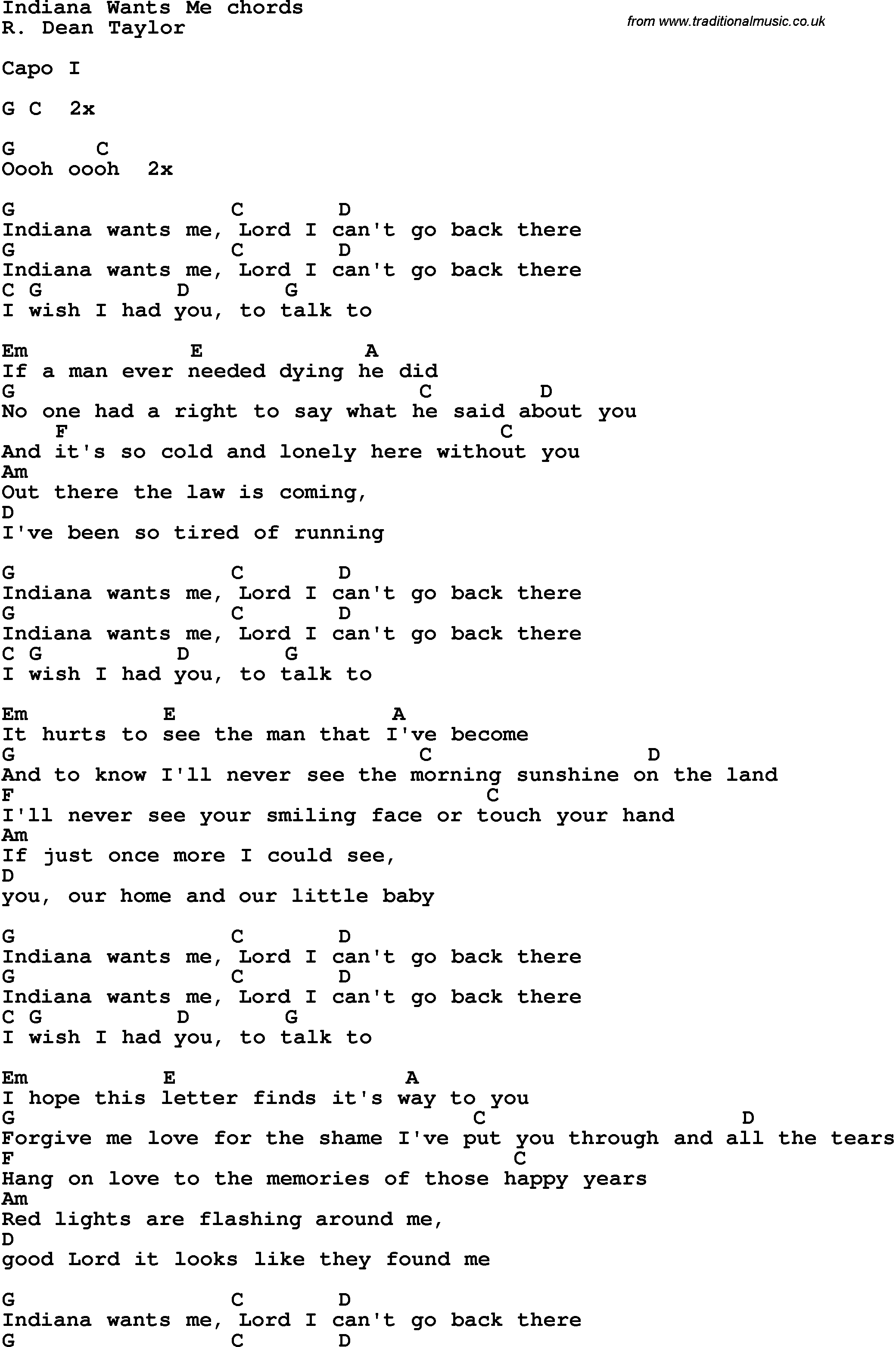 Song Lyrics with guitar chords for Indiana Wants Me