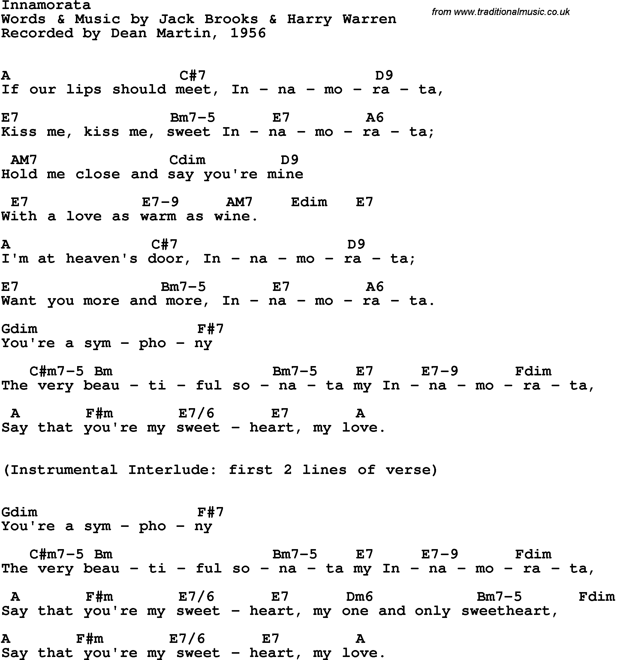 Song Lyrics with guitar chords for Innamorata - Dean Martiv, 1956
