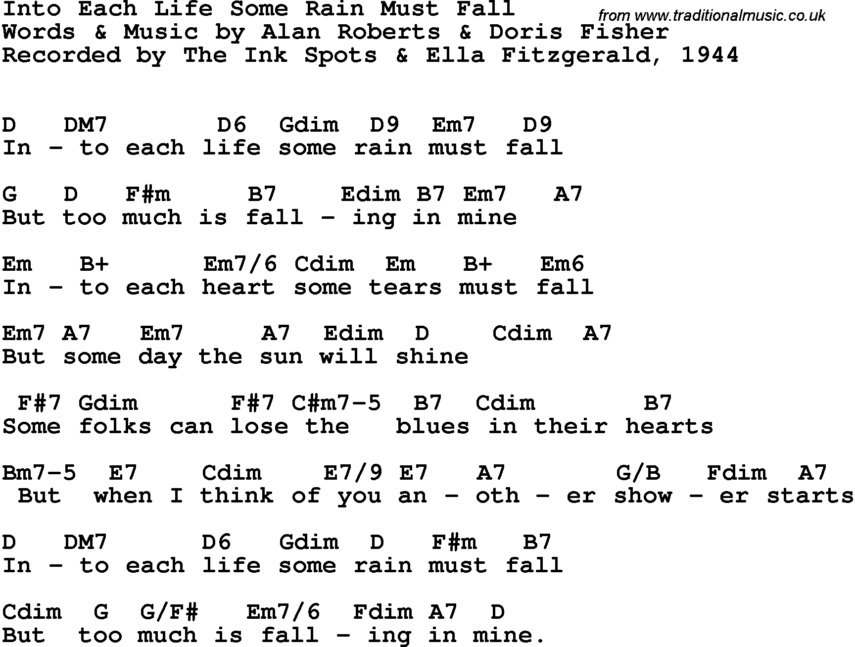 Song Lyrics with guitar chords for Into Each Life Some Rain Must Fall - Ink  Spots With Ella Fitzgerald, 1944