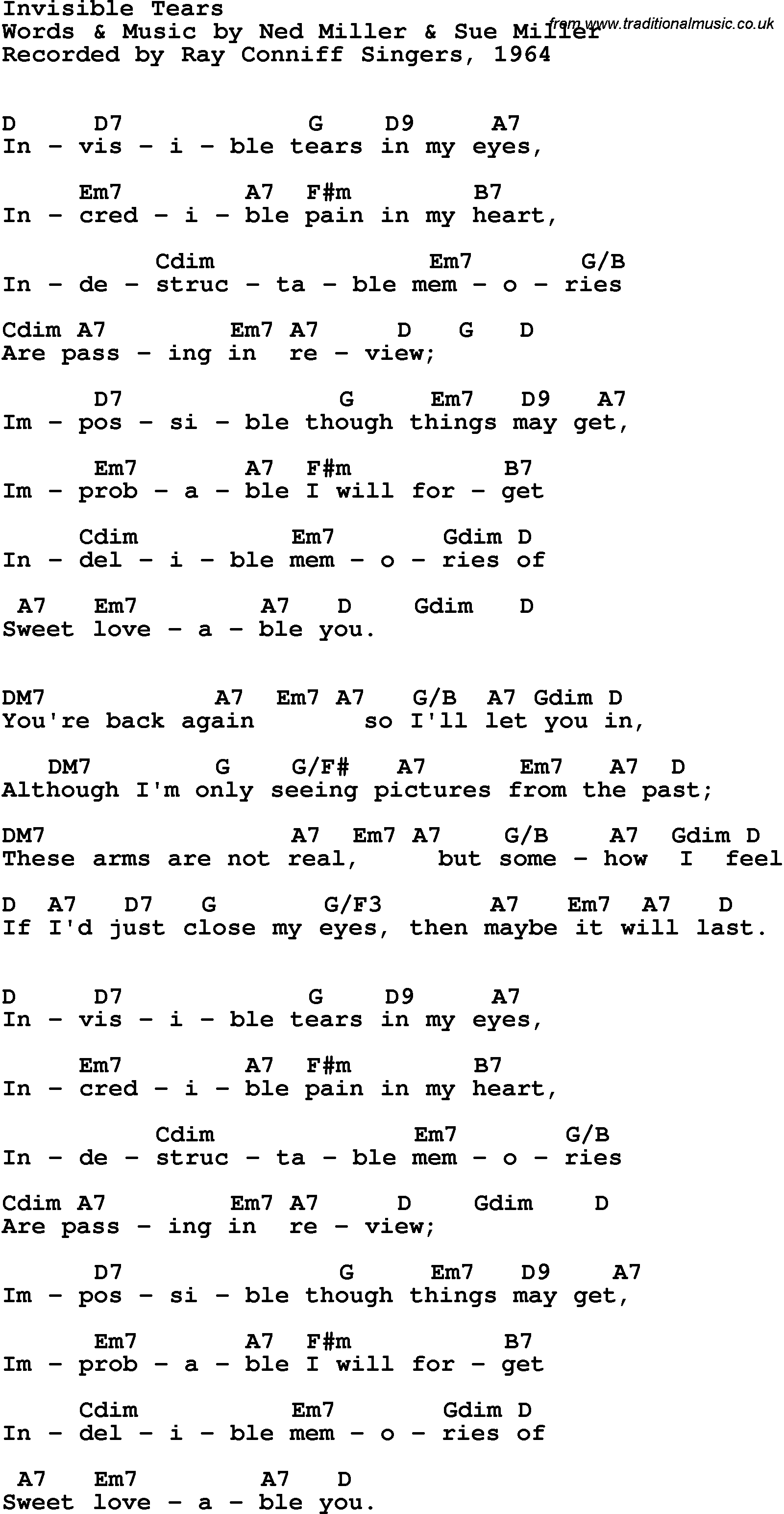 Song Lyrics with guitar chords for Invisible Tears - Ray Conniff Singers, 1964