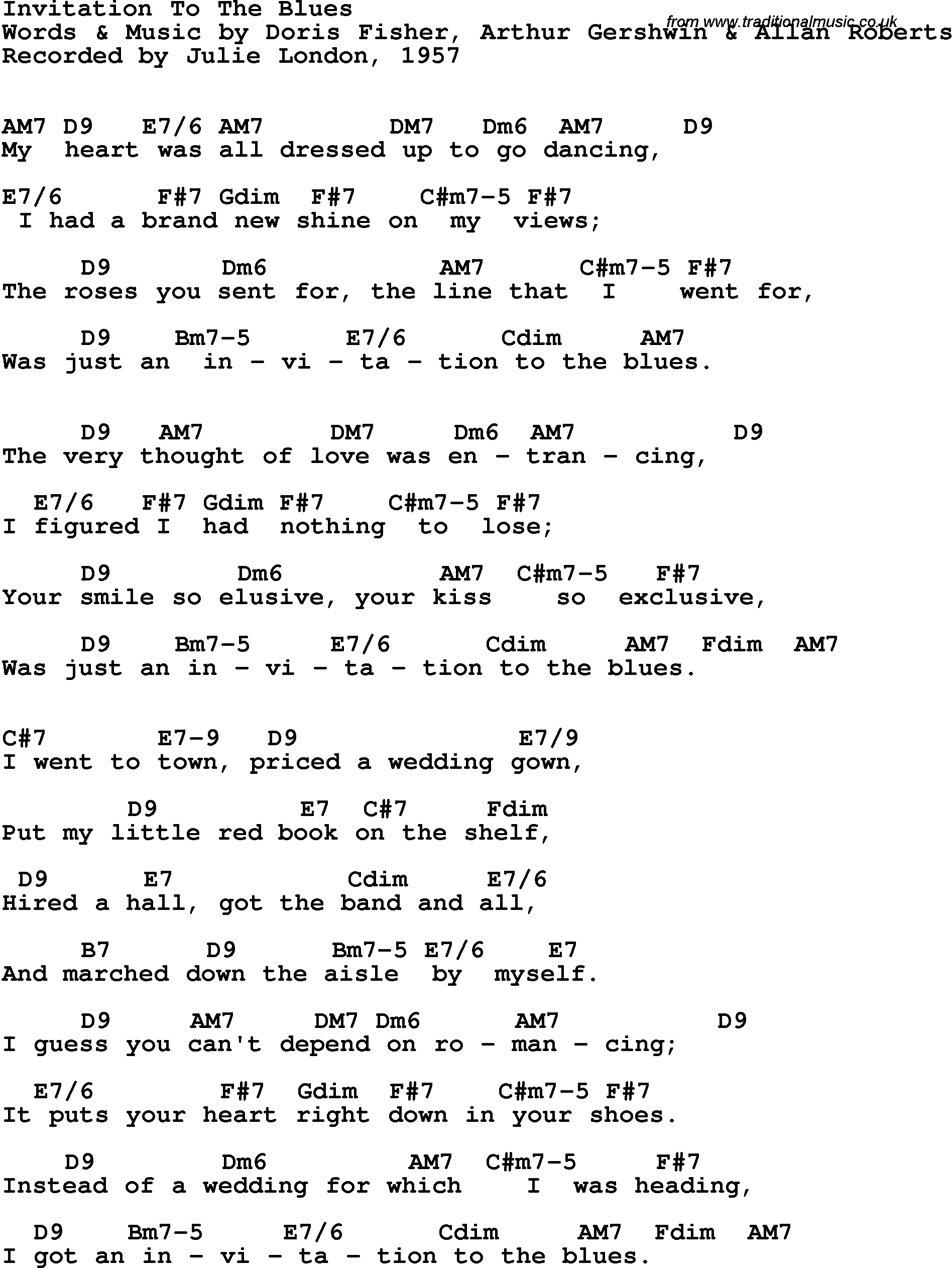Song Lyrics with guitar chords for Invitation To The Blues - Julie London, 1957