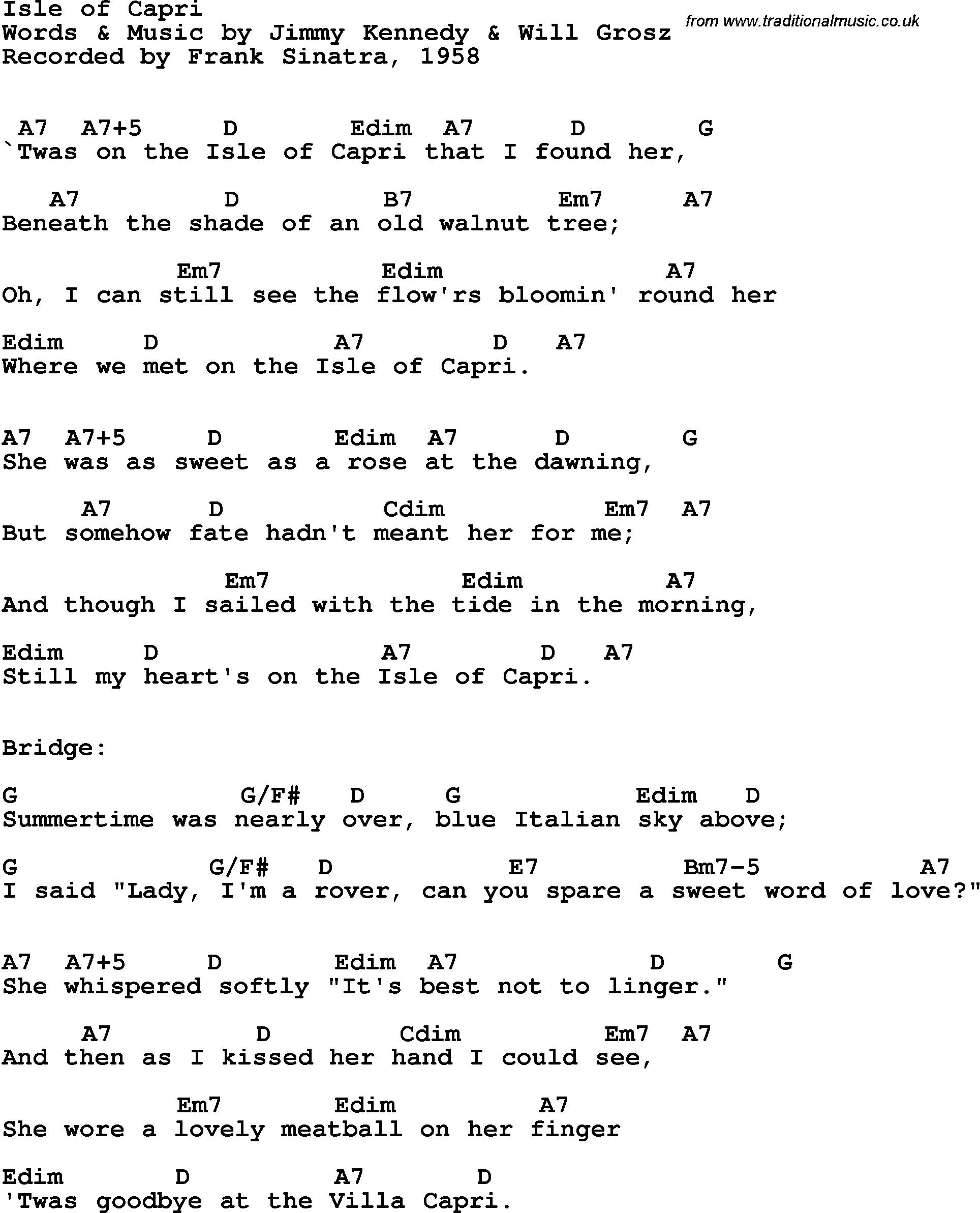 Song Lyrics with guitar chords for Isle Of Capri - Frank Sinatra, 1958