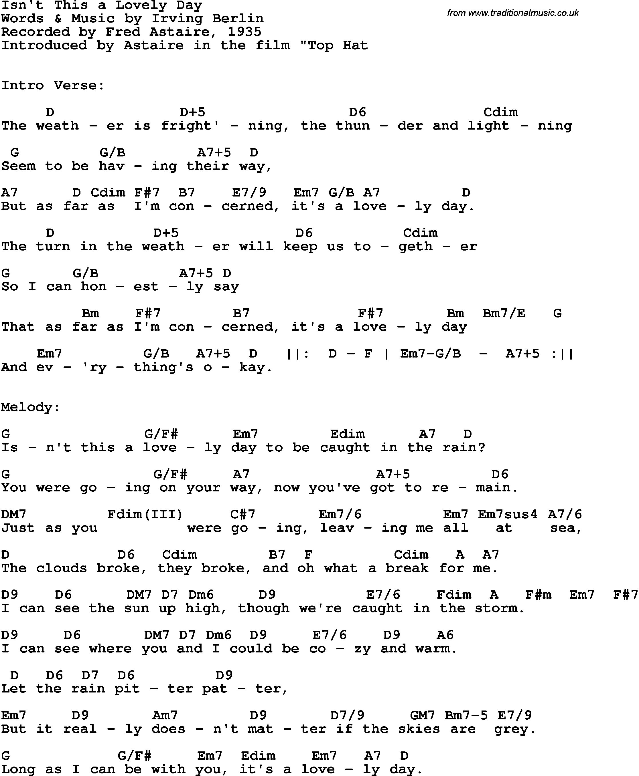 Song Lyrics with guitar chords for Isn't This A Lovely Day - Fred Astaire, 1935