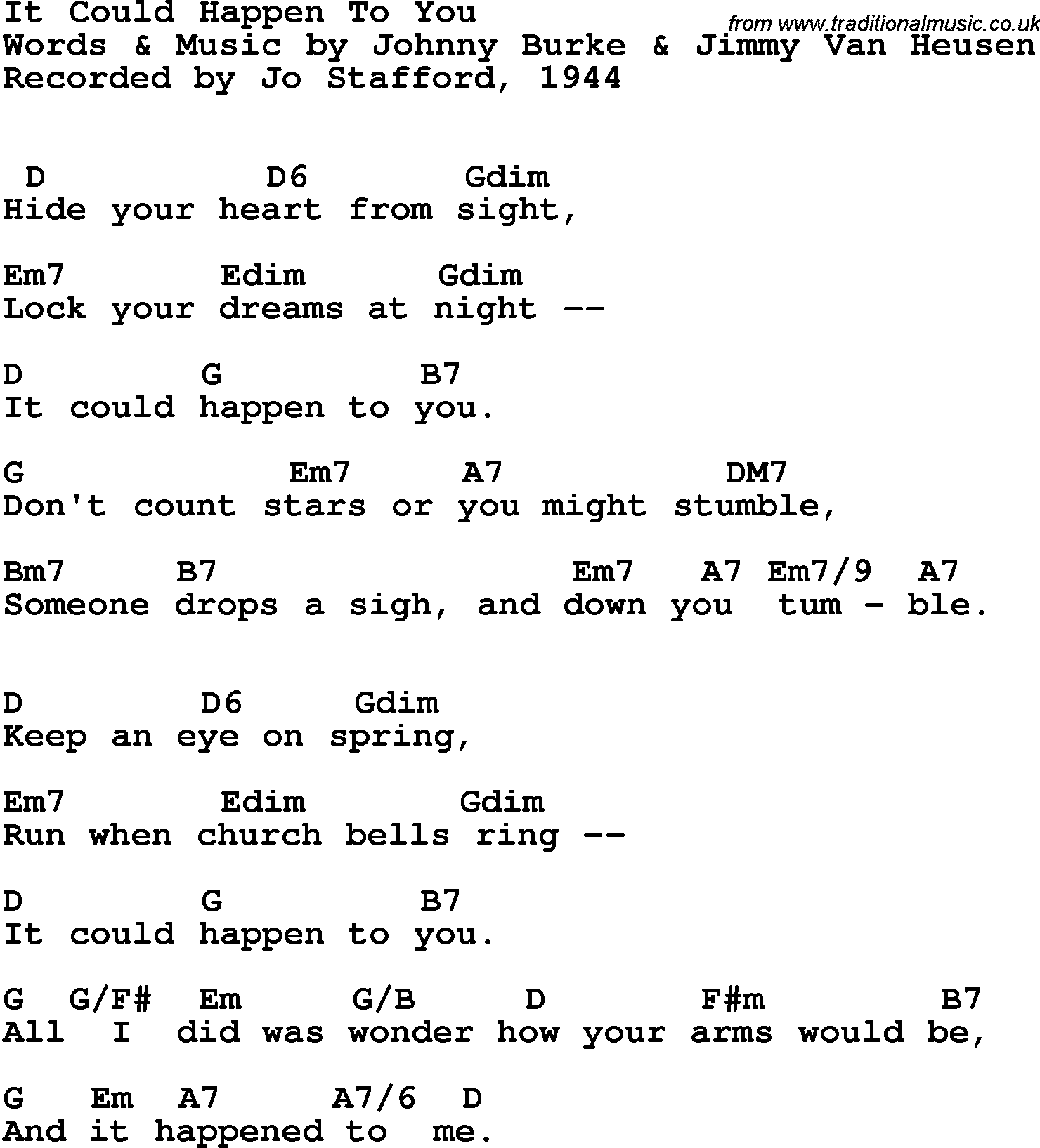 Song Lyrics with guitar chords for It Could Happen To You - Jo Stafford, 1944