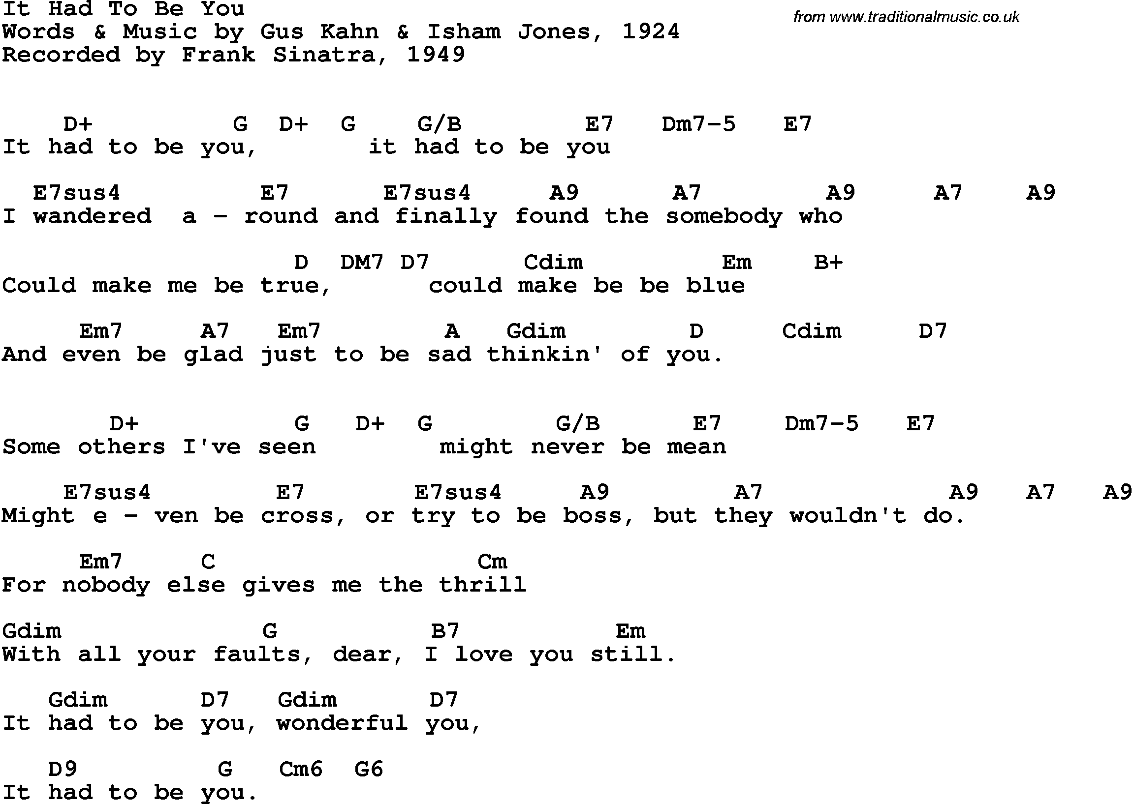 Song Lyrics with guitar chords for It Had To Be You - Frank Sinatra, 1949