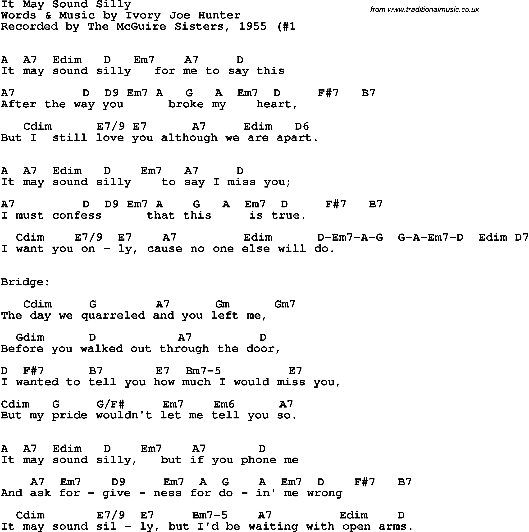 Song Lyrics with guitar chords for It May Sound Silly - The Mcguire Sisters, 1955