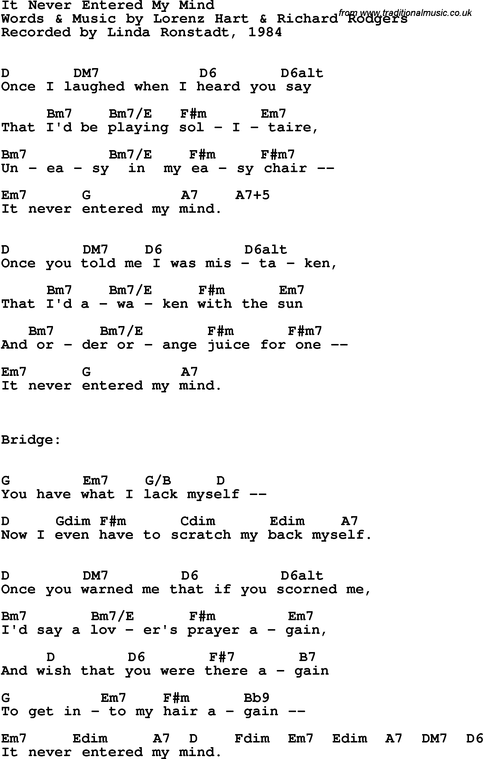 Song Lyrics with guitar chords for It Never Entered My Mind - Linda Ronstadt, 1984