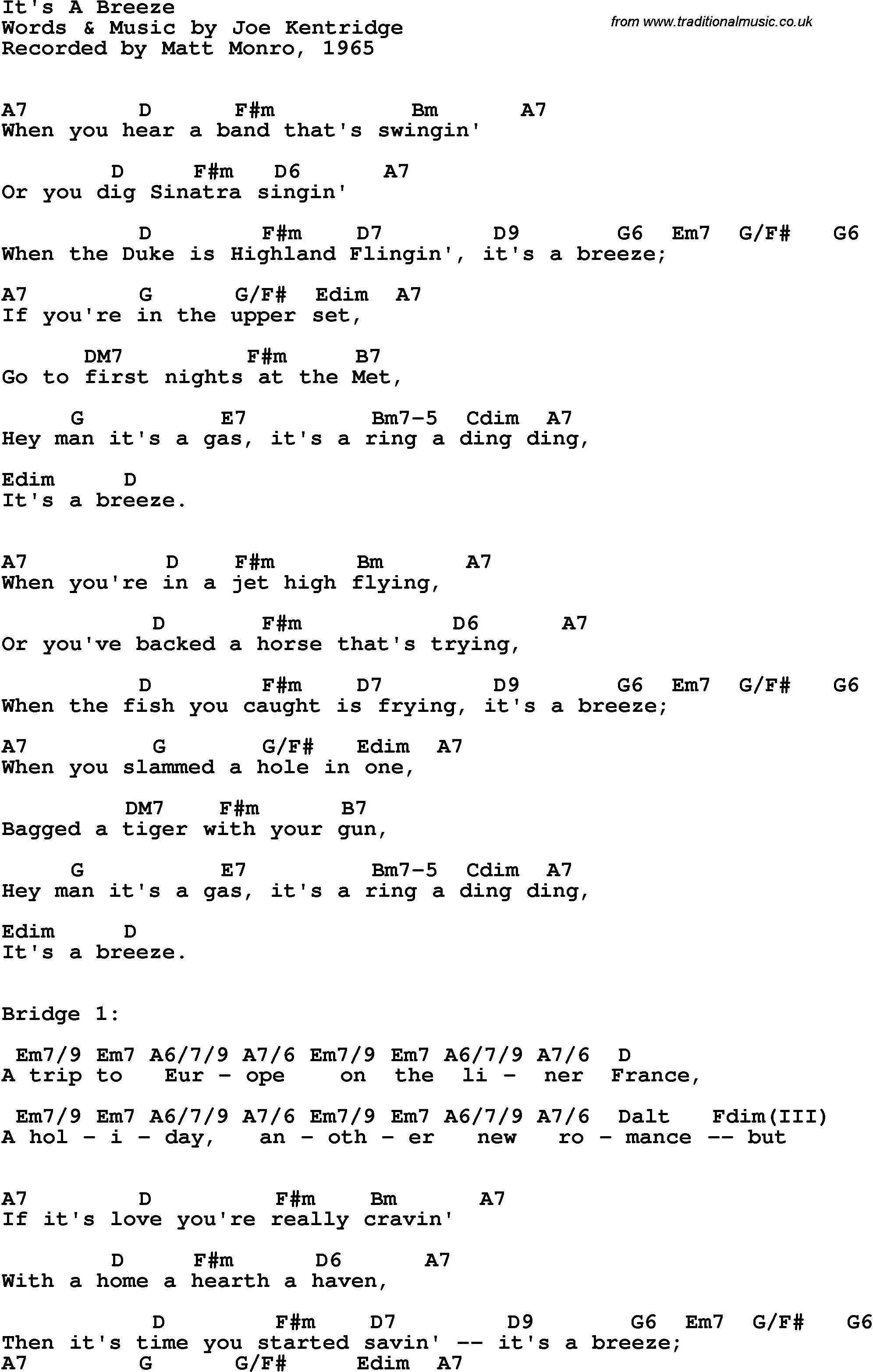 Song Lyrics with guitar chords for It's A Breeze - Matt Monro, 1965