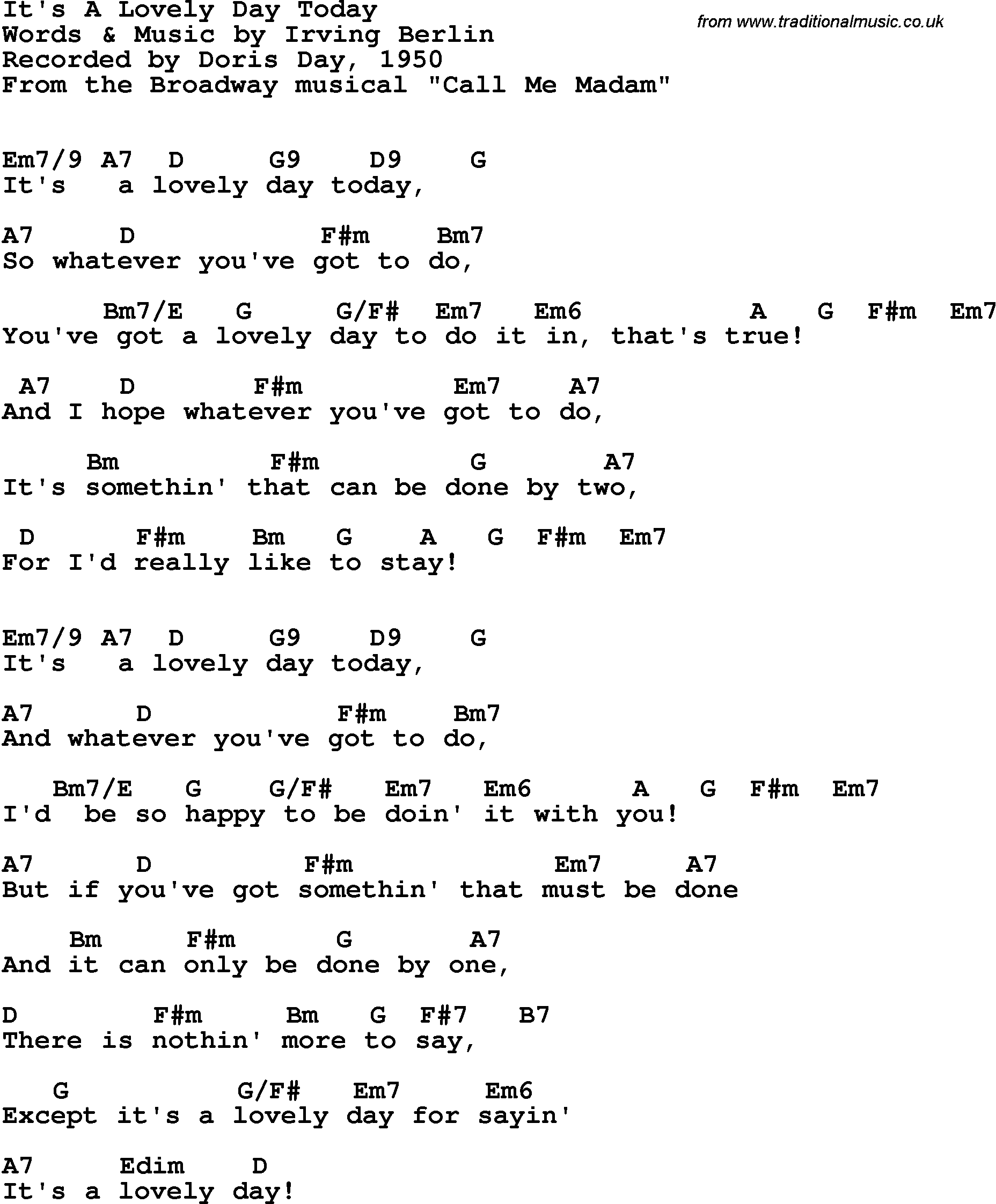 Song Lyrics with guitar chords for It's A Lovely Day Today - Doris Day, 1950