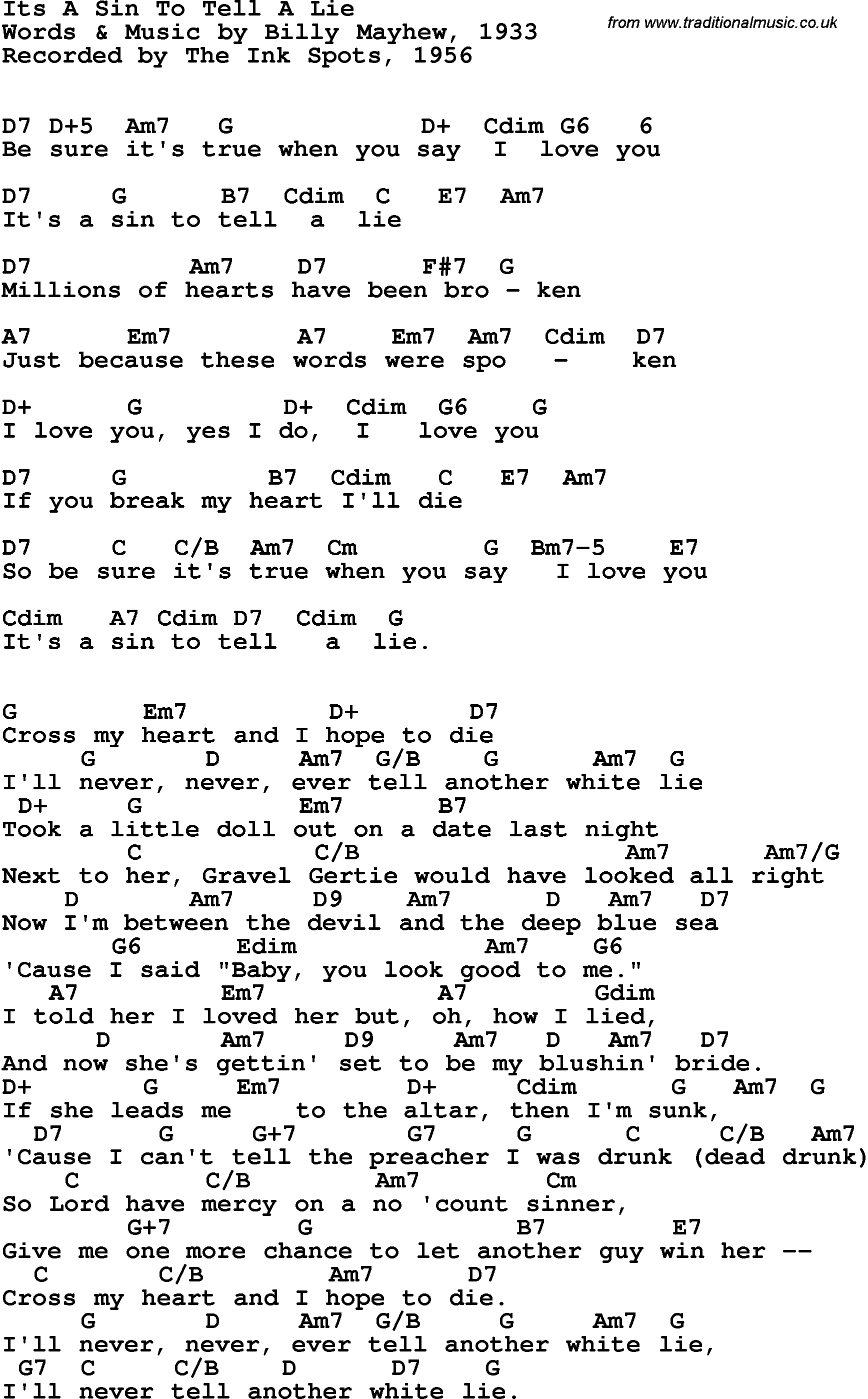 Song Lyrics with guitar chords for It's A Sin To Tell A Lie - The Ink Spots, 1956