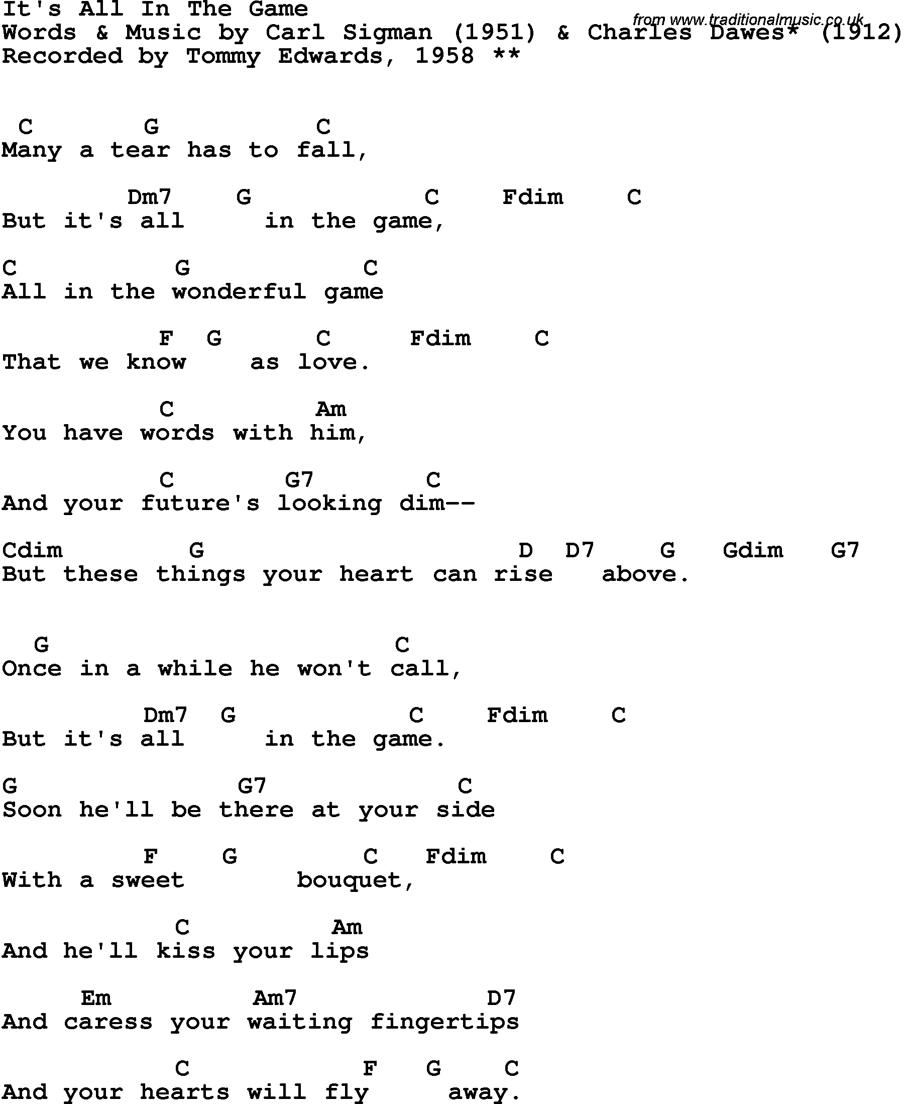 Song Lyrics with guitar chords for It's All In The Game - Tommy Edwards, 1958