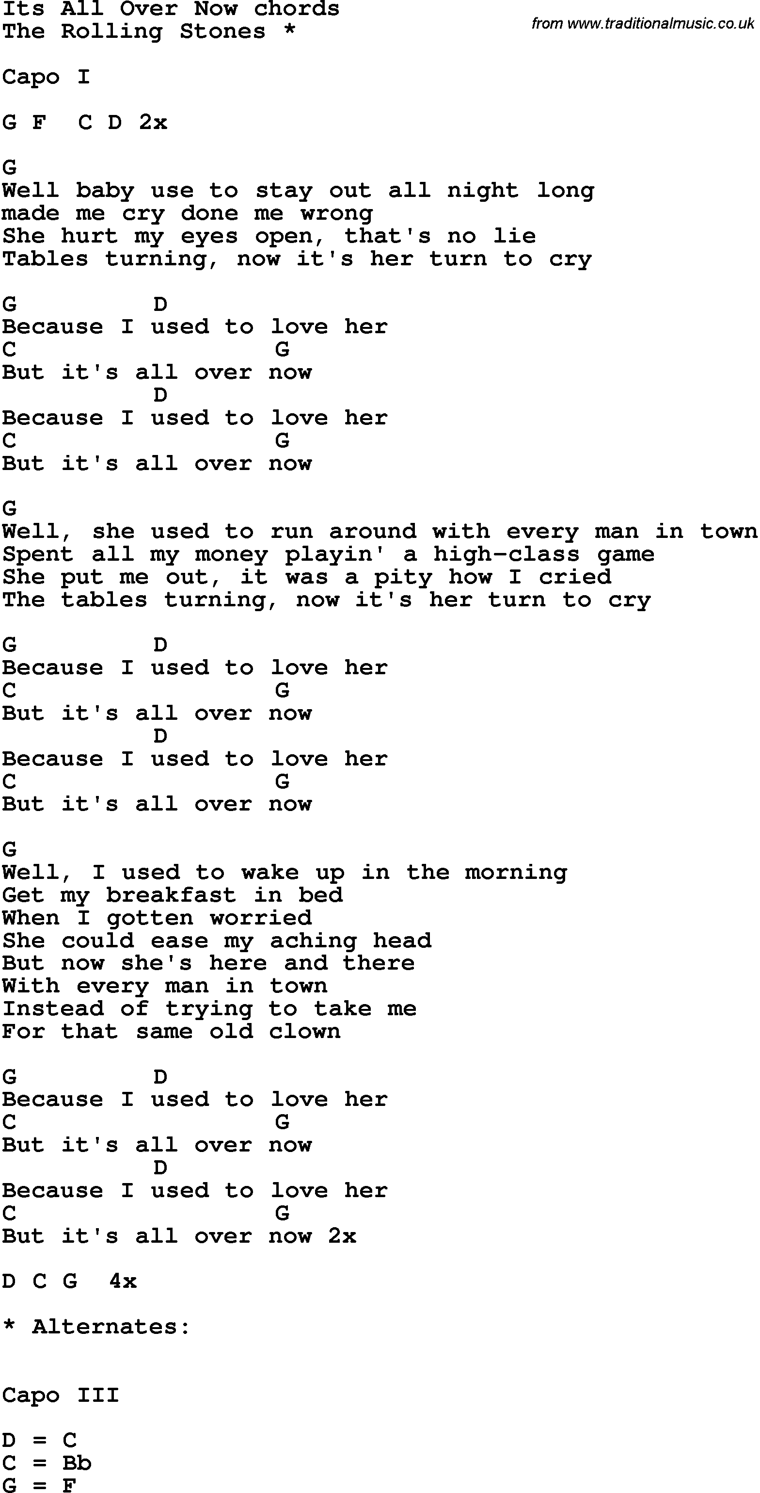 Song Lyrics with guitar chords for It's All Over Now