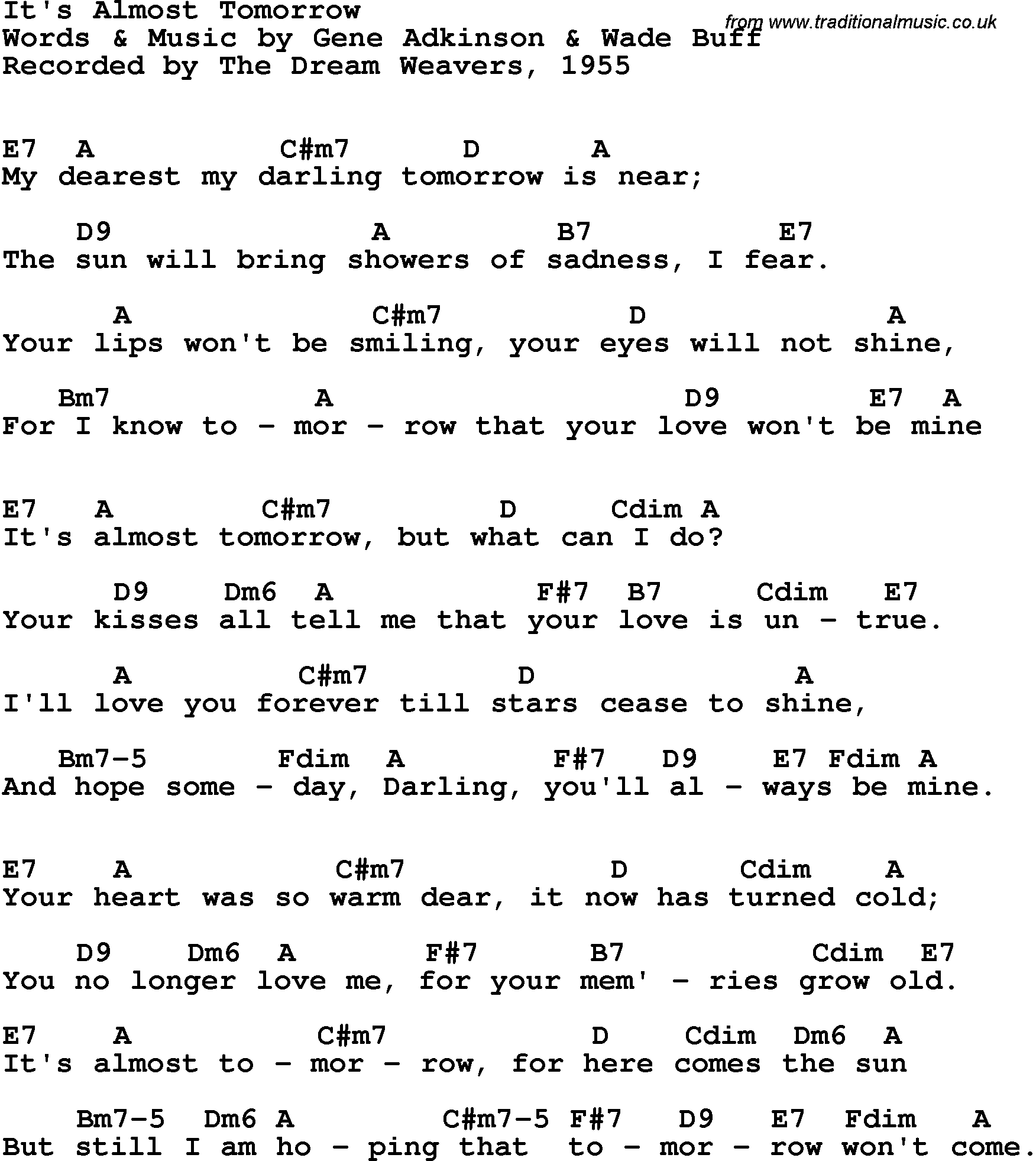 Song Lyrics with guitar chords for It's Almost Tomorrow - The Dream Weavers, 1955