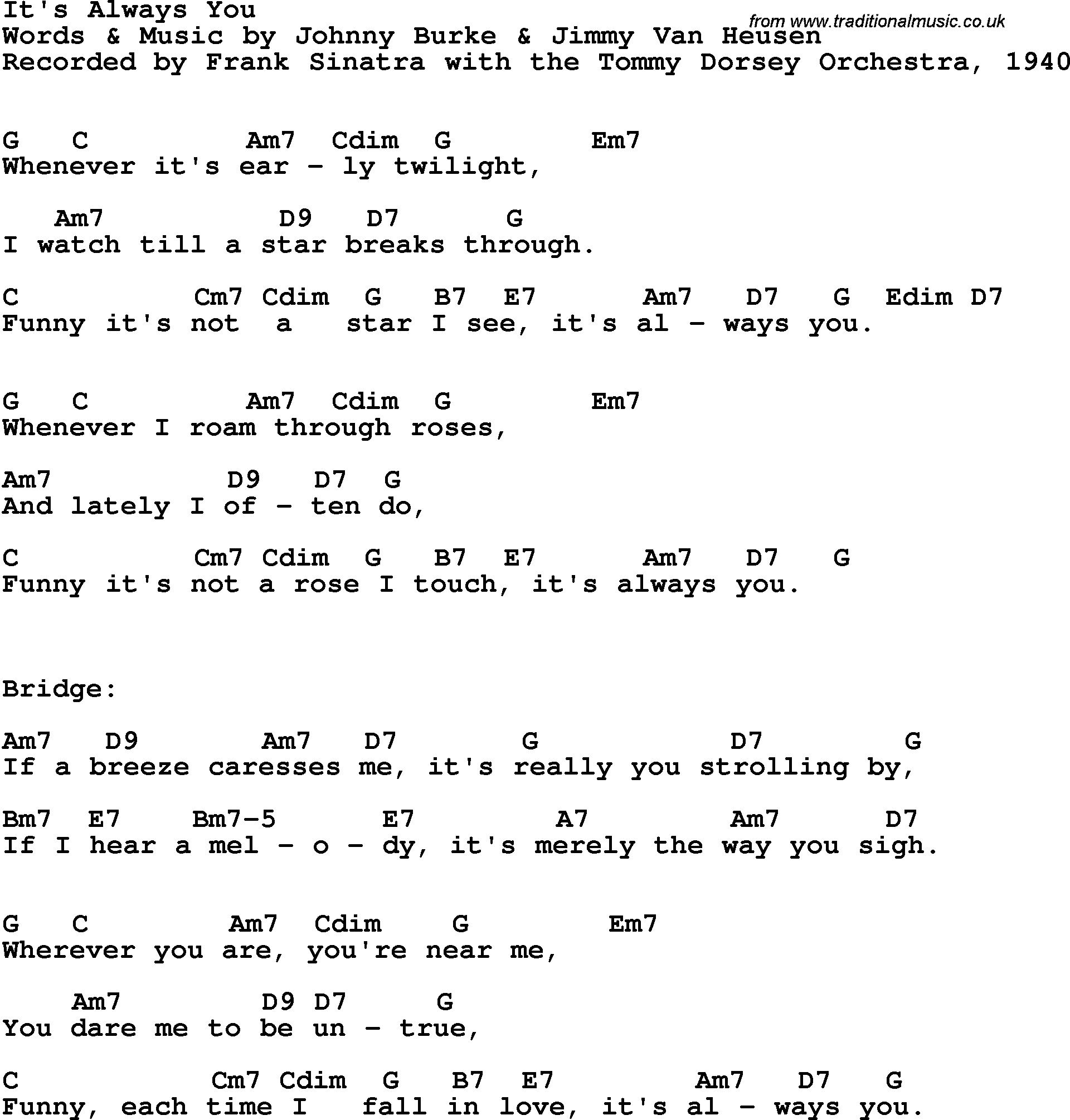 Song Lyrics with guitar chords for It's Always You - Frank Sinatra, 1940
