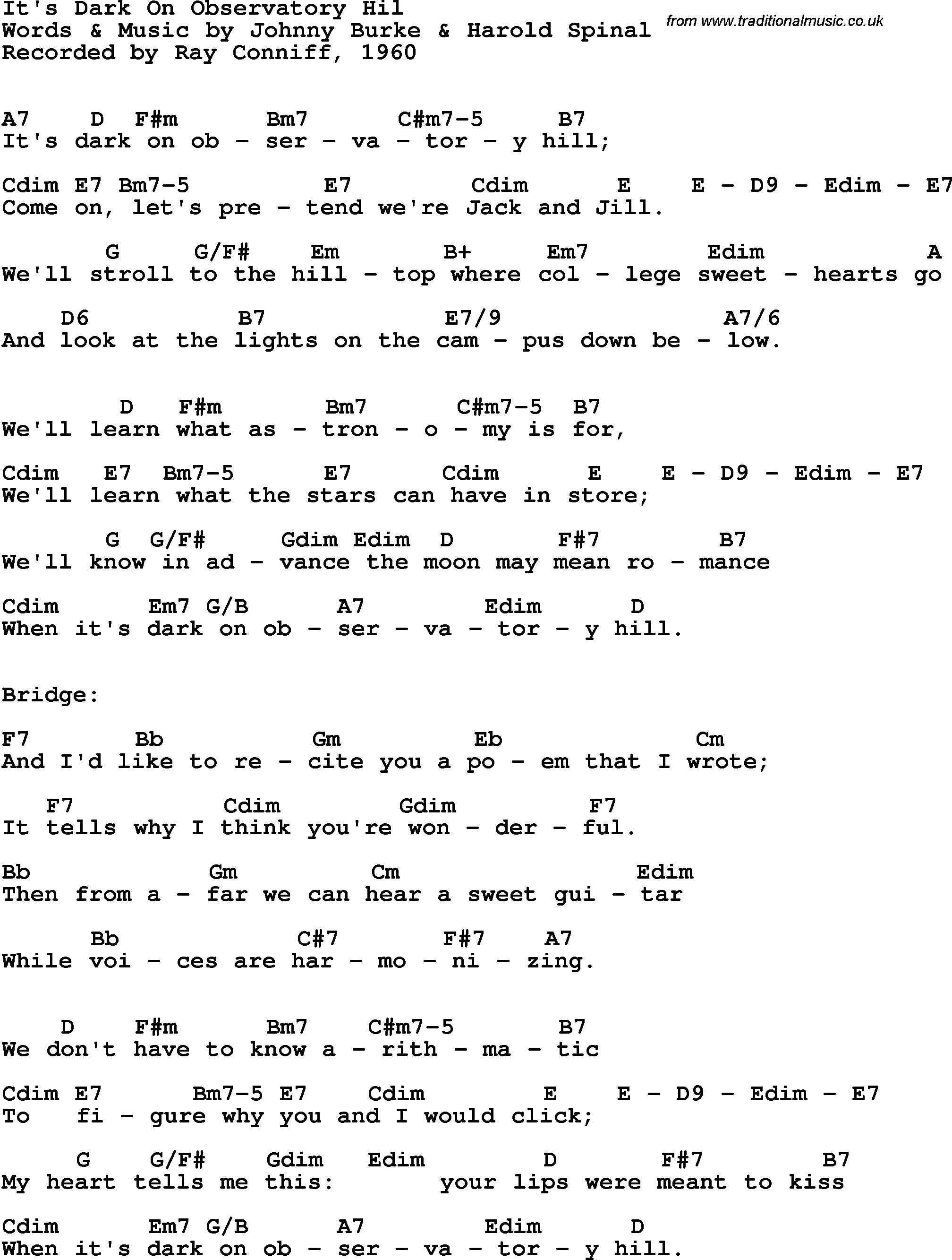 Song Lyrics with guitar chords for It's Dark On Observatory Hill - Ray Conniff, 1960