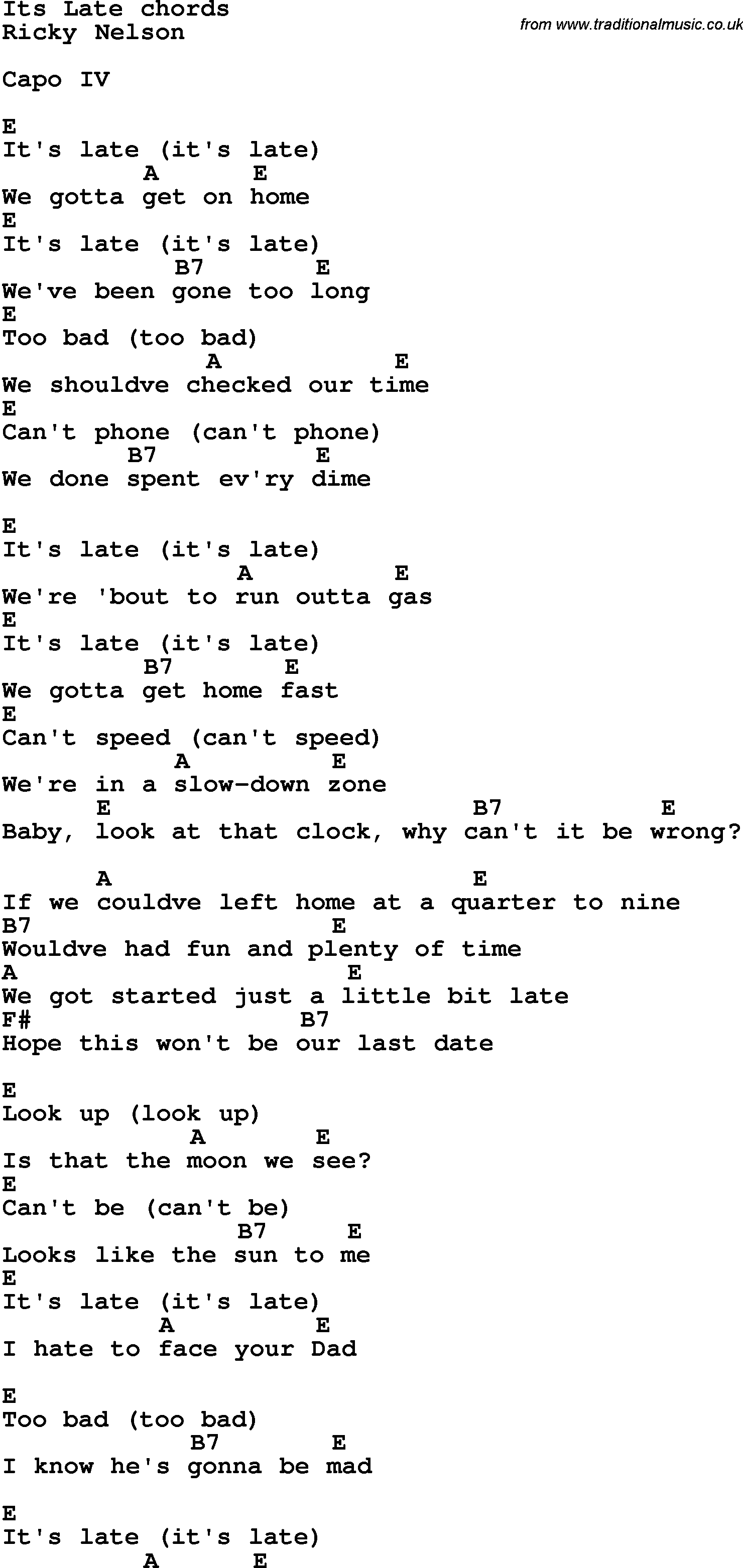 Song Lyrics with guitar chords for It's Late