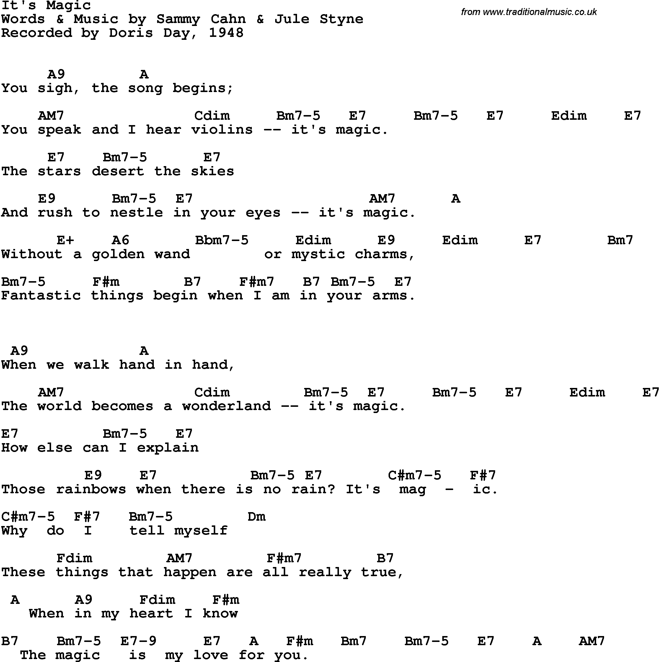 Song Lyrics with guitar chords for It's Magic - Doris Day, 1948