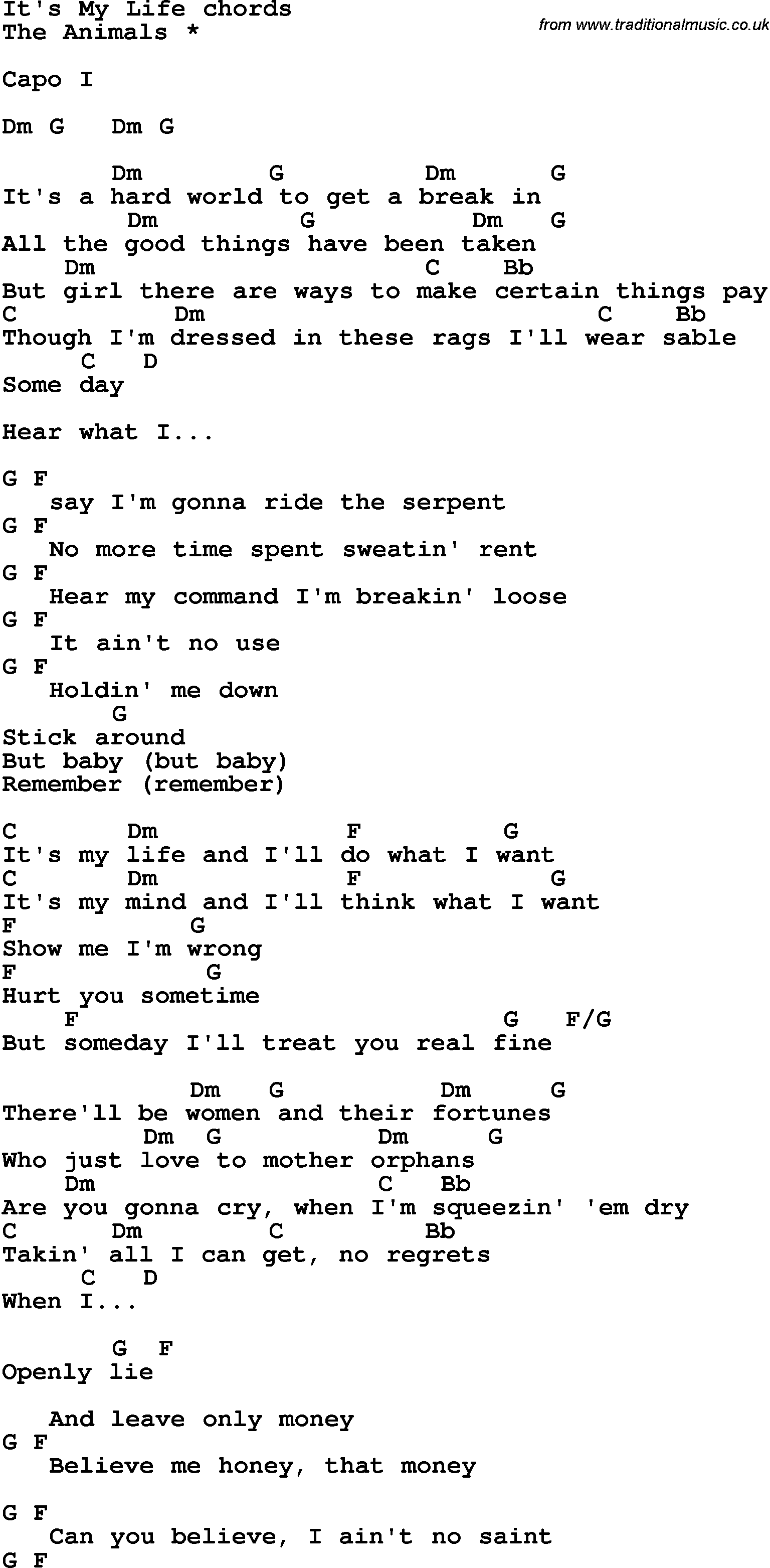 Song lyrics with guitar chords for It's My Life