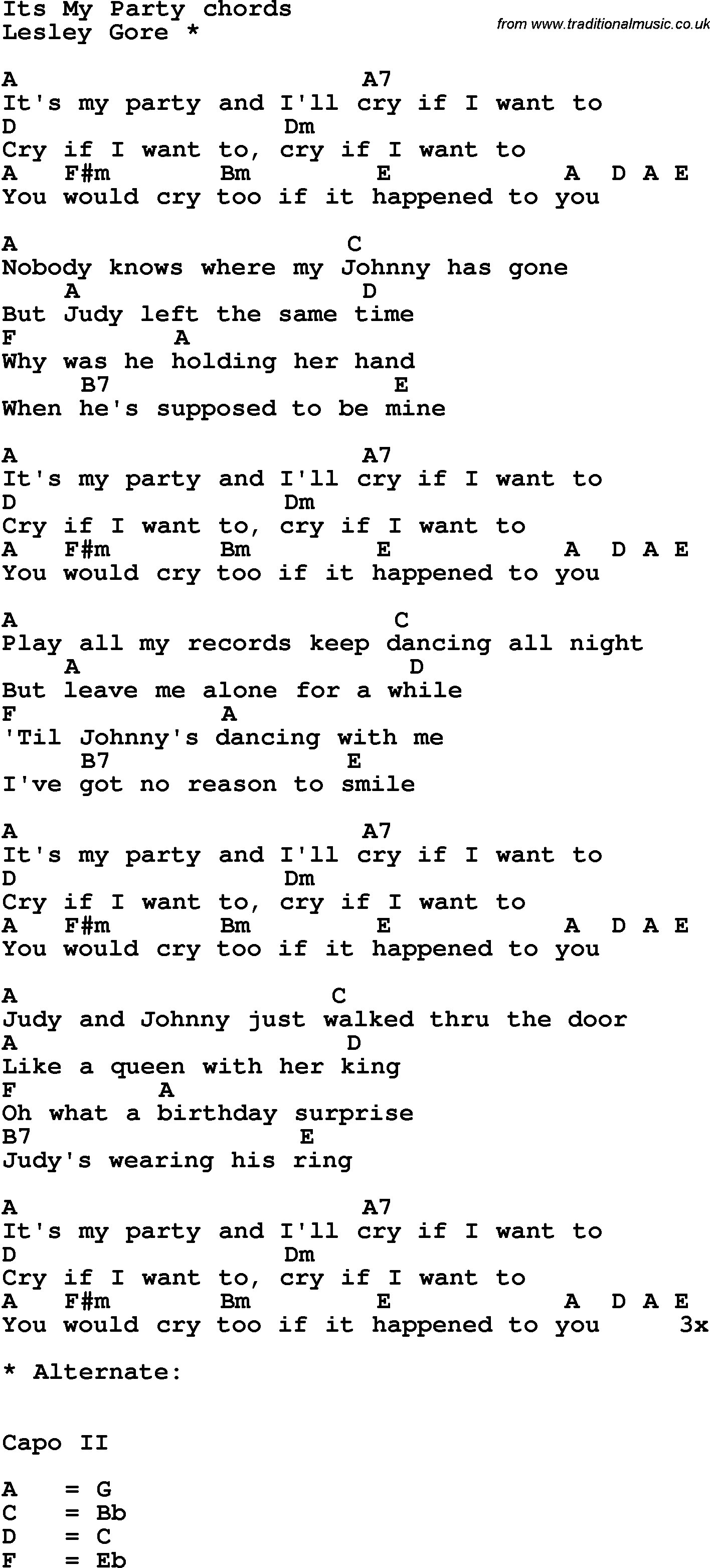 Song Lyrics with guitar chords for It's My Party