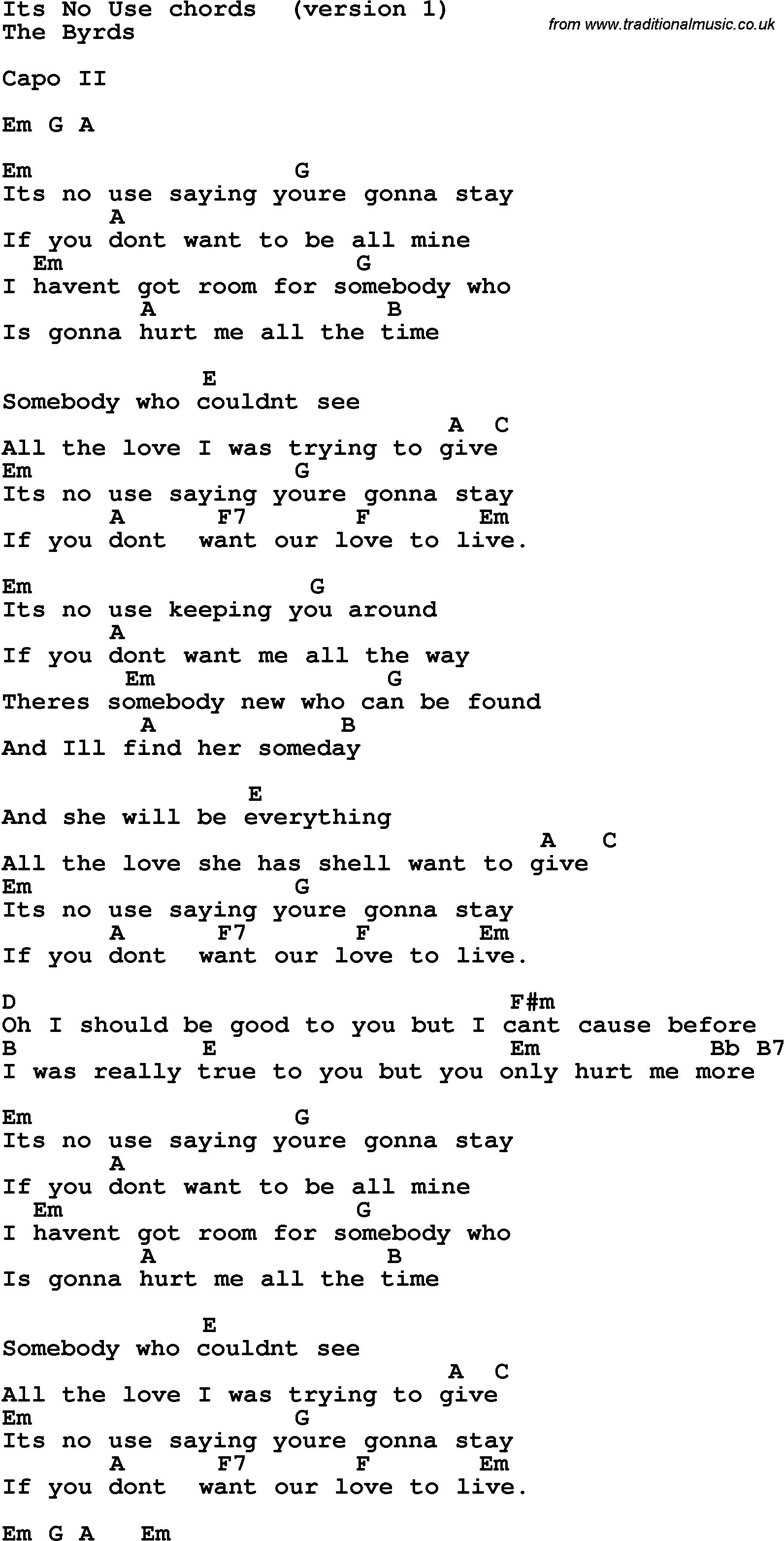 Song Lyrics with guitar chords for It's No Use