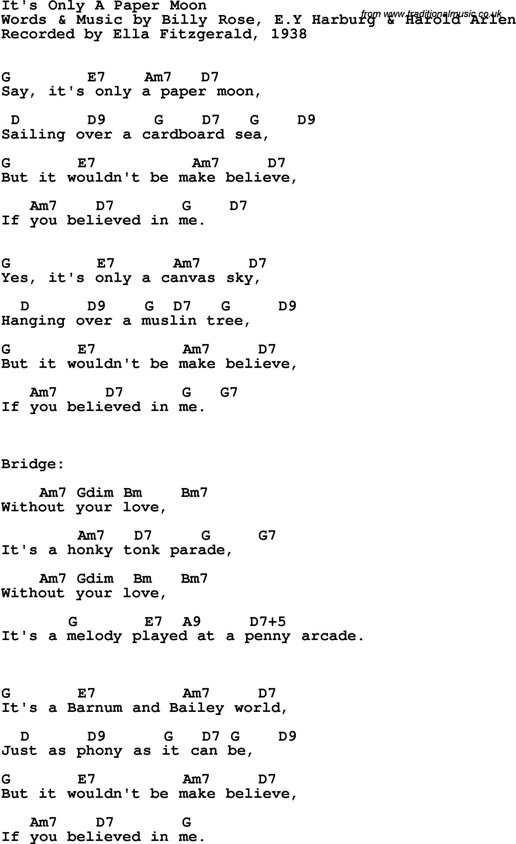 Song Lyrics with guitar chords for It's Only A Paper Moon - Ella Fitzgerald, 1938