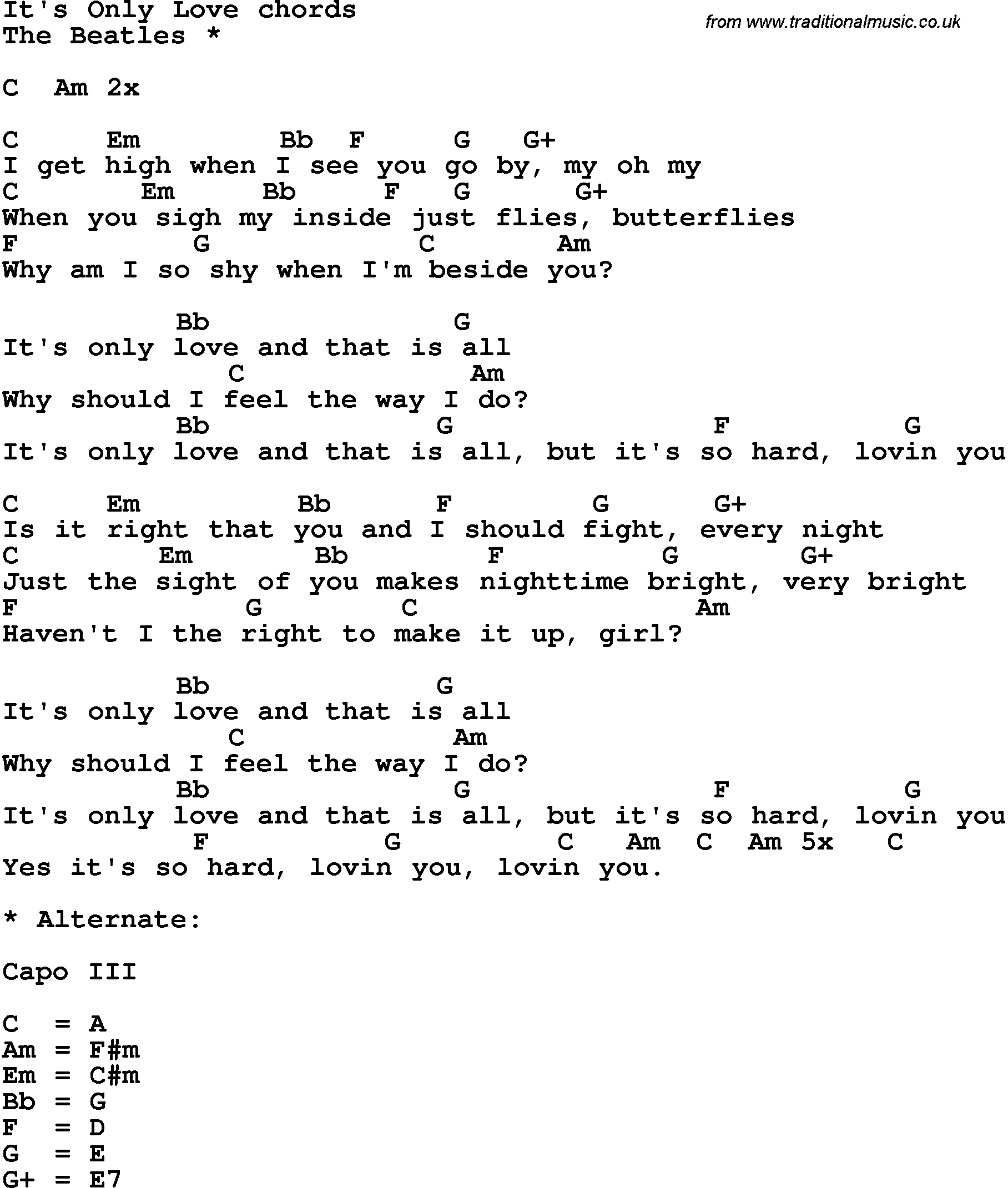 Song Lyrics with guitar chords for It's Only Love - The Beatles