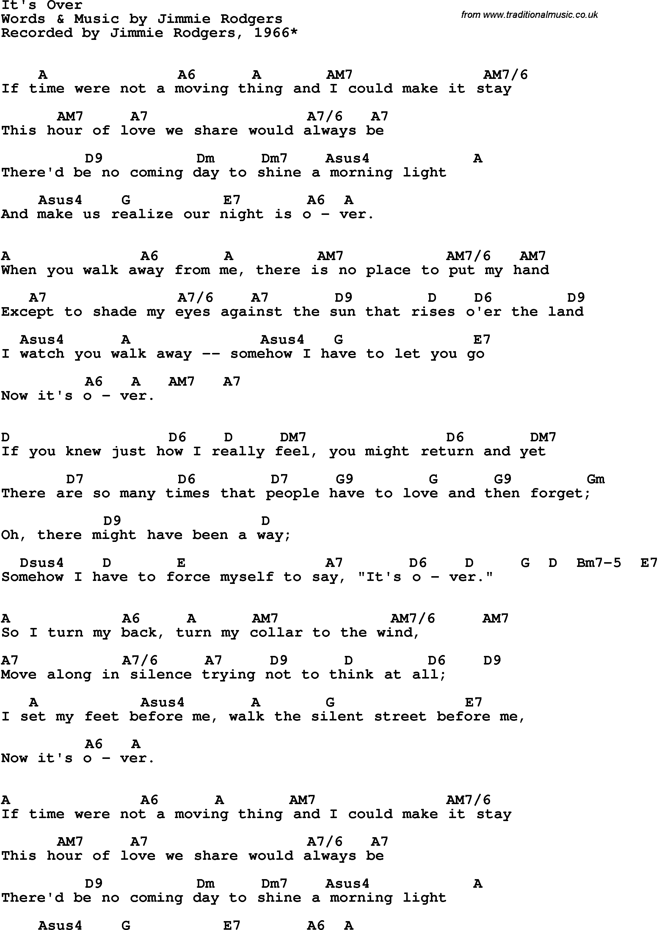 Song Lyrics with guitar chords for It's Over - Jimmy Rodgers, 1966