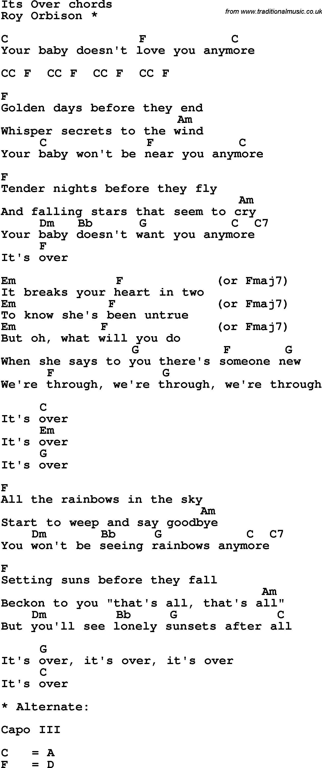 Song Lyrics with guitar chords for It's Over