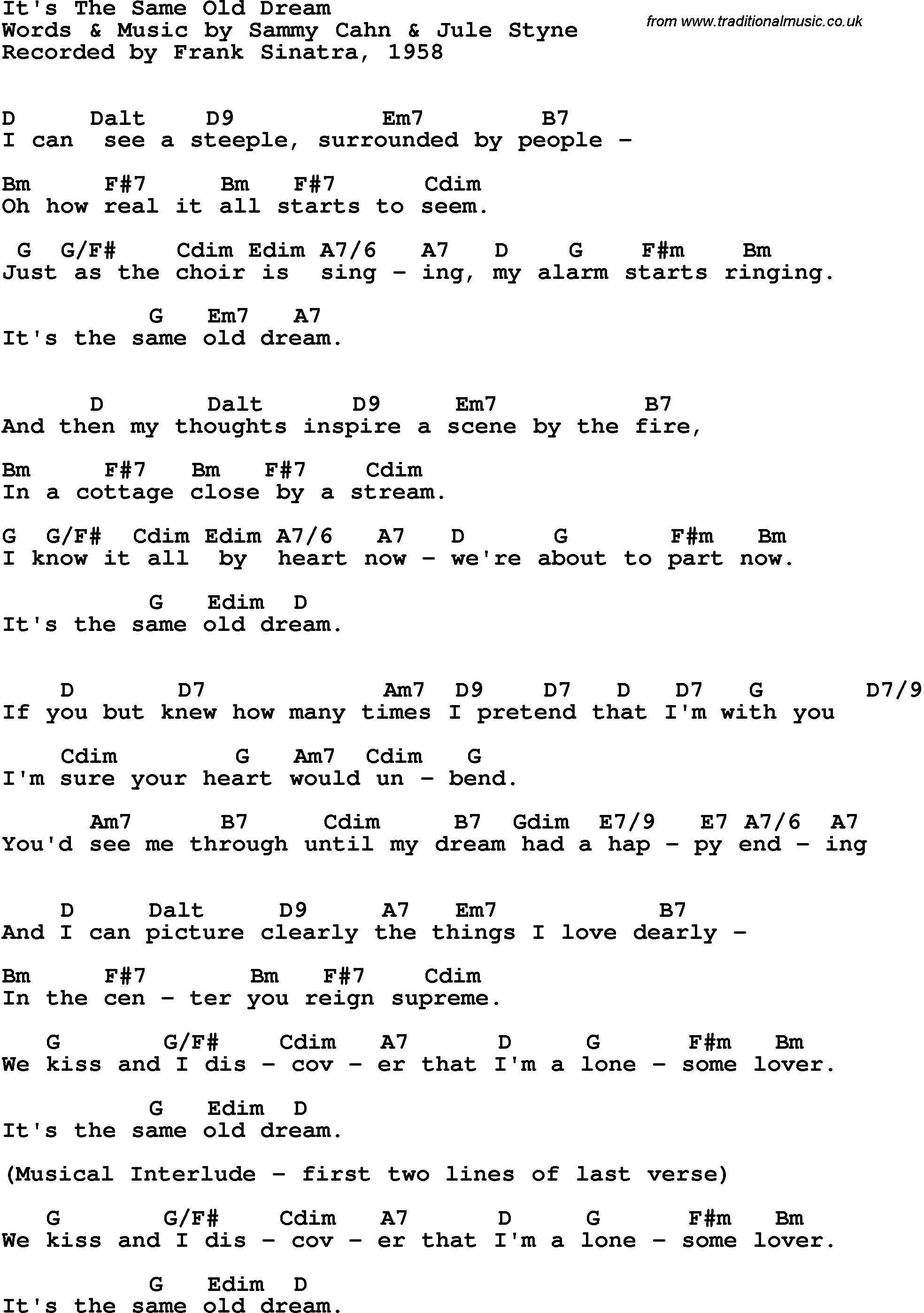 Song Lyrics with guitar chords for It's The Same Old Dream - Frank Sinatra, 1958